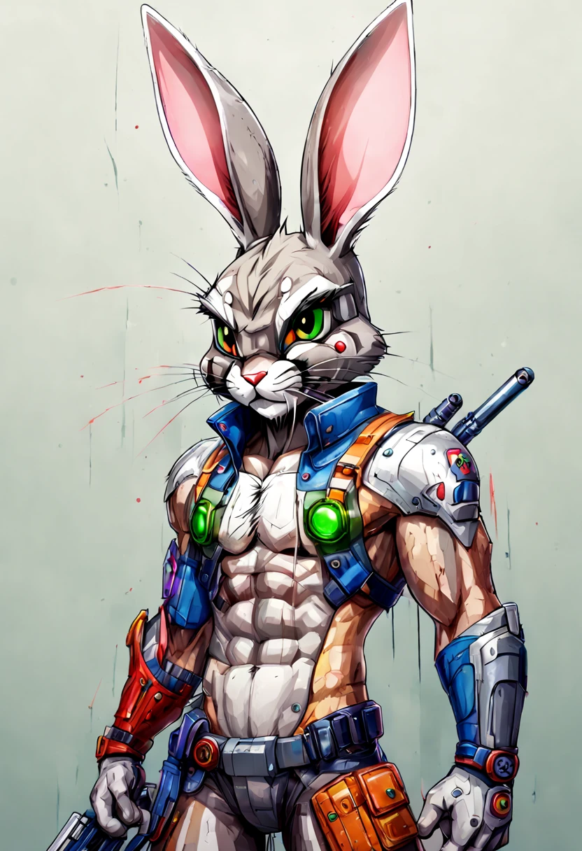 el conejo bugs bunny con un estilo tipo anime, con armadura ciberpunk con una espada laser en la mano