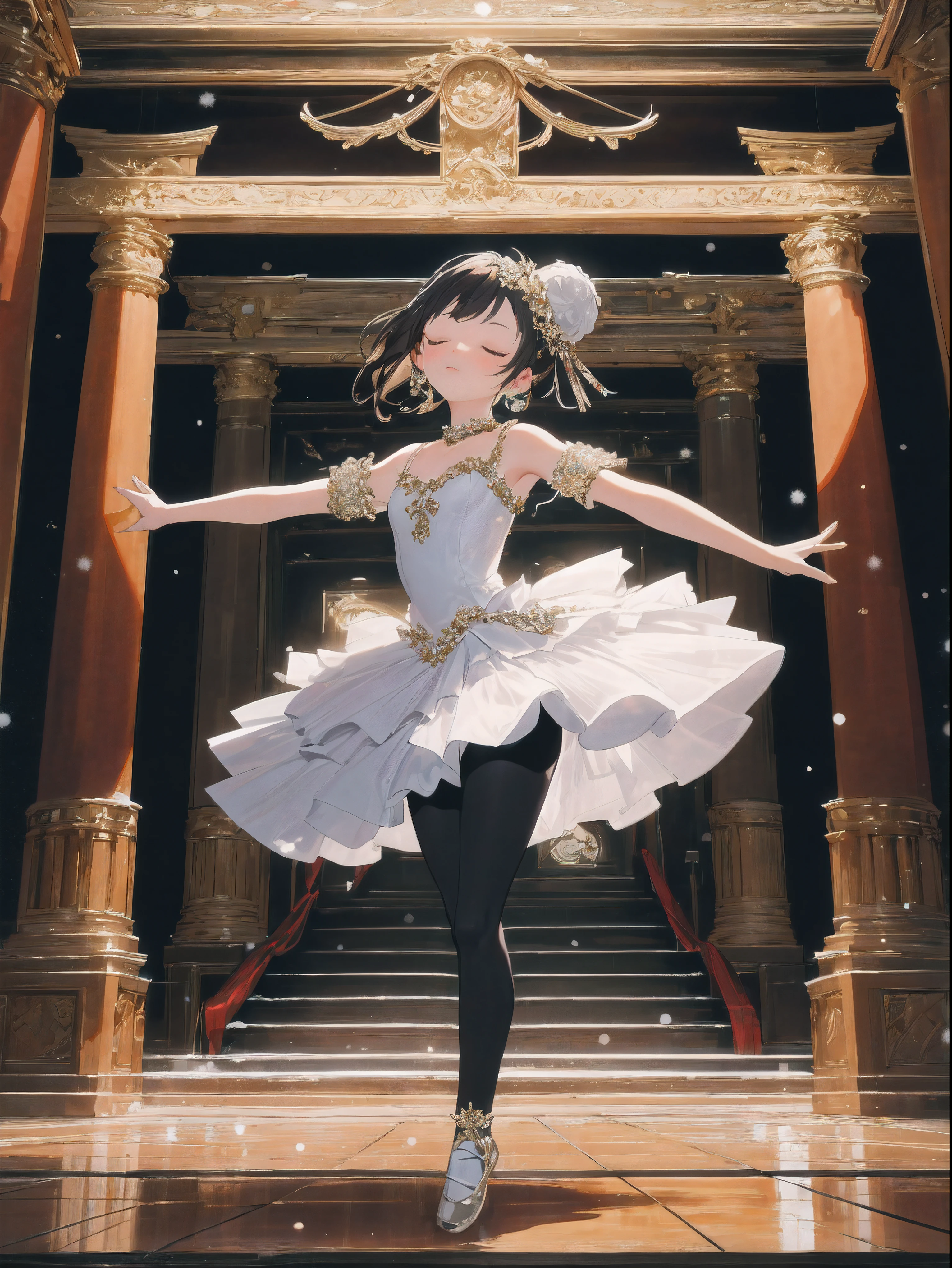 I would like a Disney pixar style animation in 3D in 4K with the title: Carol Bolshoi.
The setting is a theatre stage, Dancing ballet with a cheering audience. The main character is a long-legged and graceful 12-year-old girl.
Her skin is brown , olhos escuros, cabelo preto feito coque de bailarina. a roupa branca com fitas azuis e sapatilha de meia ponta.
I wish the character was doing a Développé