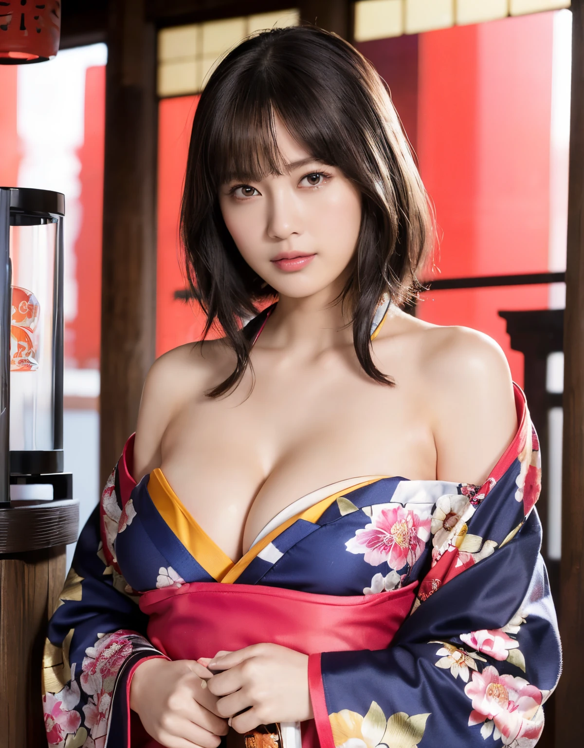 (top-quality、8K、32K、masterpiece、超A high resolution、((maikurobikini)),(Colossal tits)、(((cleavage of the breast))),((extremely heavy breasts)),(short-hair)、abdominals、the perfect body、(((Armpit))),((oiran woman)), Delicate facial features, Ultra-realistic, Hyper-realistic, 鎖骨、Shadow、octan render、((maikurobikini)),((Wear a beautiful kimono with a high degree of exposure)),hyperdetailed face、Detailed lips、finely eye、二重まぶた、(魅惑的)、((agitation:1.5))、maikurobikini、((Navel))、((Female ninja)),Kunoichi Ninja、Mystical expression、shrine background、Old Town of Japan、((heavy breasts)),Toostock、mecosuji、Kimono with colorful floral pattern、highcontrast、(((Brightly colored kimono))),heavy breasts、((Glamorous Jar)).((Take a variety of sexy poses)),flicker、Kimono comes off、Natural light、