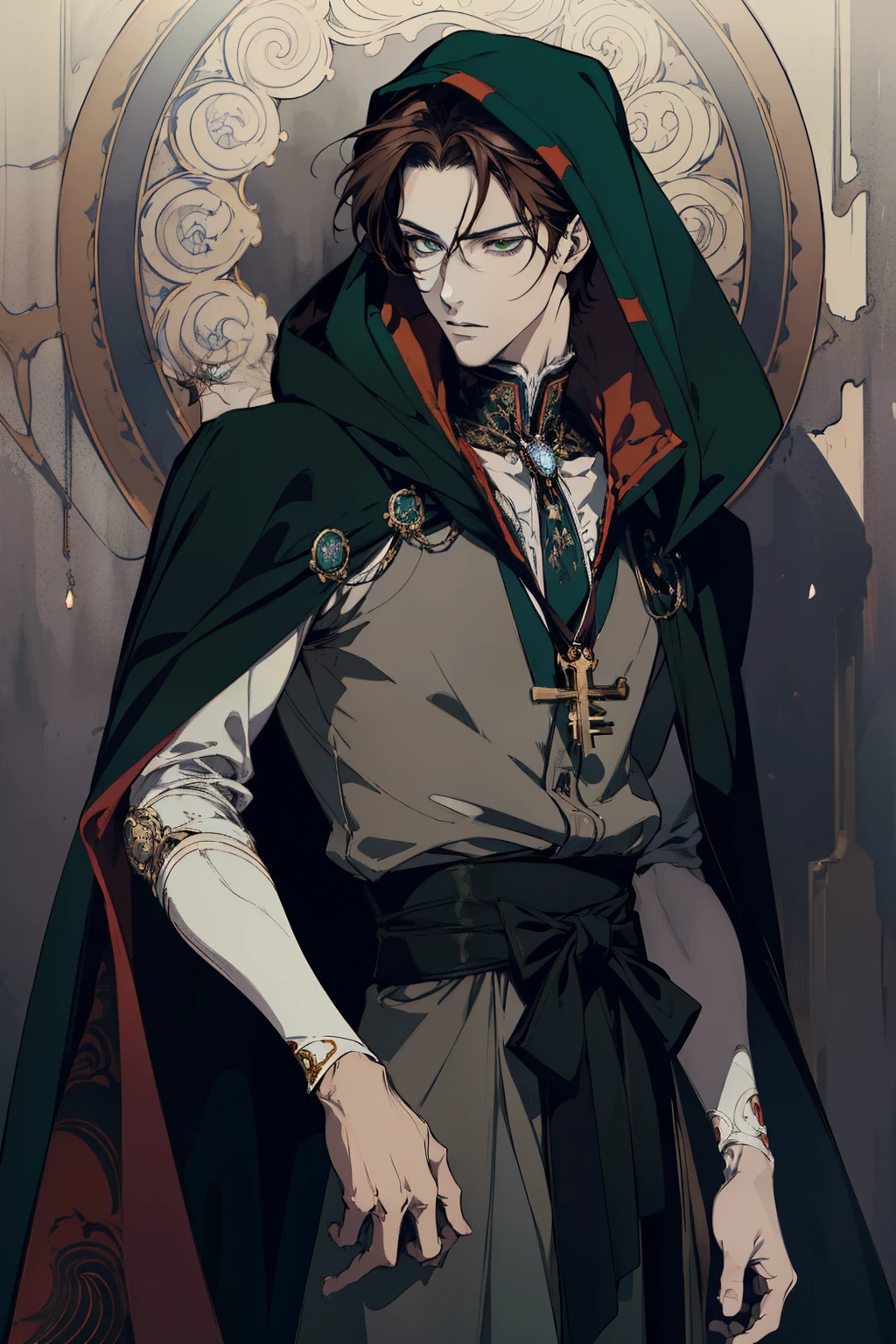 anime drawing of a man Regal , 2 d anime style, male anime style, male anime character, anime style character, delicate, in an anime style, he masterpiece, (absurdres:1.1), best quality, extremely delicate, (beautiful face:1.1), elegant, (great composition), realistic rendering, Dungeons and Dragons, Fantasy, octane rendering, zbrush. Character design, photorealistic, unreal mechanism, hyperdetailed, concept art, trend in art season. ((best quality)), ((masterpiece)), ((realistic)), (detail anime drawing of a man Regal , 2 d anime style, male anime style, (Absurdres, Intricate Details, Masterpiece, Best Quality, High Resolution, 8k), 1 male, masculine, young, aged up, dreadful, finely detailed eyes and face, dark red short mustache hair, hazel eyes, looking down, solo, (full body:0.6), detailed background, detailed face, ( dark fantasy theme: fog, dark atmosphere, , Depth of Field, VFX. (absurdres, highres, ultra detailed vector shaded anime, full detailed beautiful masterpiece, (absurdres:1.1), best quality, extremely delicate, Victorian era badass anime drawing of a man Regal a close up dark cloak cape hood up Victorian era primary colors Black red white beautiful uniform androgynous prince, delicate androgynous prince, handsome guy in demon slayer art, anime key visual of elegant, handsome prince, tall anime guy with blue eyes, inspired by Okumura Masanobu, anime handsome man, male anime character, anime portrait of a handsome man, key anime art full body shot brown hair Green eyes solider cold look intimidating mature young regal knight FAKE RIGHT ARM PROSTHETIC