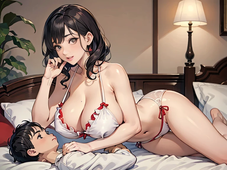 mom with young boy, couple, (Best Quality, 8k, 32k, Masterpiece, UHD:1.3), (Photo of Attractive Japanese Woman with small nine years old son ), 1 Girl with 1boy, (super huge Boobs squeezing small son with tits :1.2), (short wavy hair), Abs, Perfect Body, Ultra Detailed Face, Detailed Lips, Fine Eyes, double eyelids, pajamas, on the bed, (seductive), ((aroused:1.5)), ((areolae slip)), mom seducing and touching young son, son hsving sex with mom
