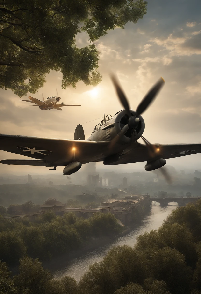 Scenes of air raids on Chengdu in 1940,Ki-21-Ia 97 heavy blaster,I-15 bis,Unreal Engine5,ray traycing, motionblur, 电影灯光, hyper HD, Best quality at best, high detal