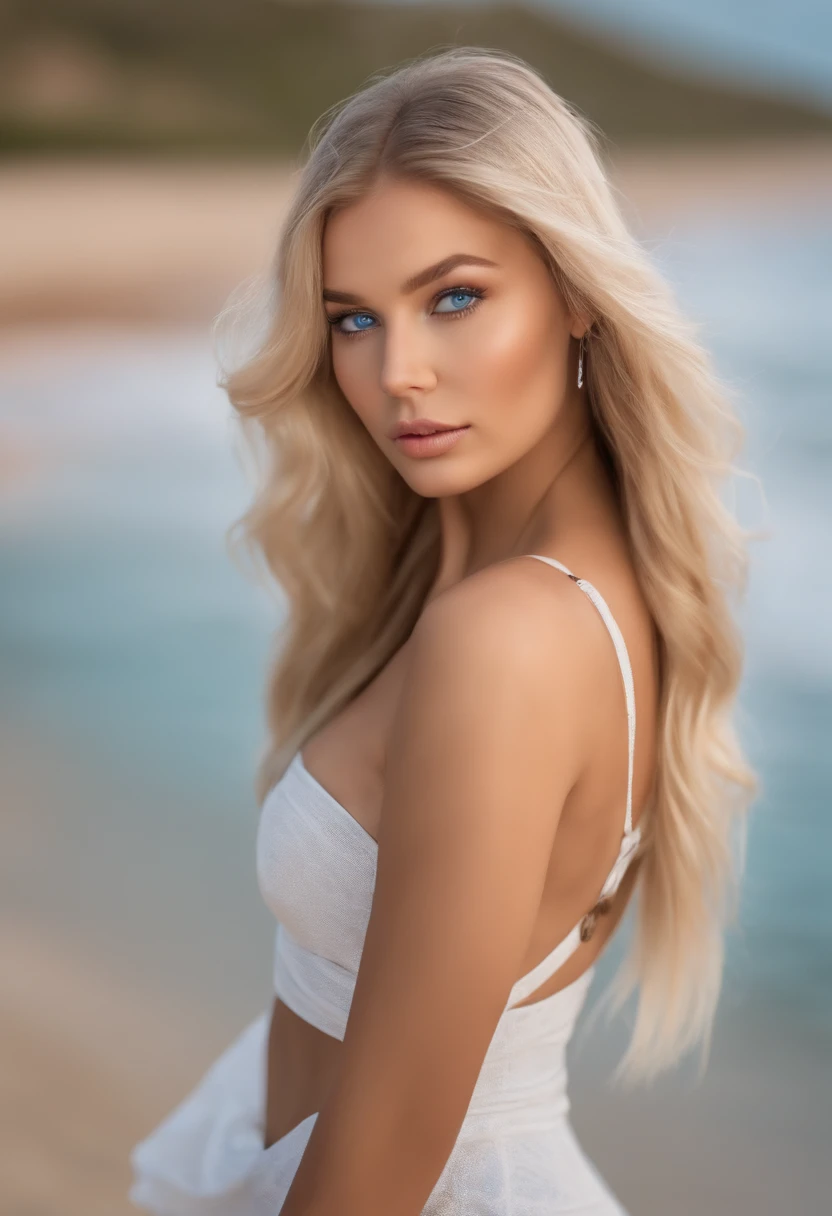 A poised and alluring woman with captivating blue eyes, resembling the ultra-realistic Sophie Mudd. Blonde girl, She wears natural makeup, exudes a sexy charm bikini outfit, blonde hair color and poses in beach setting with a prominent bust.
