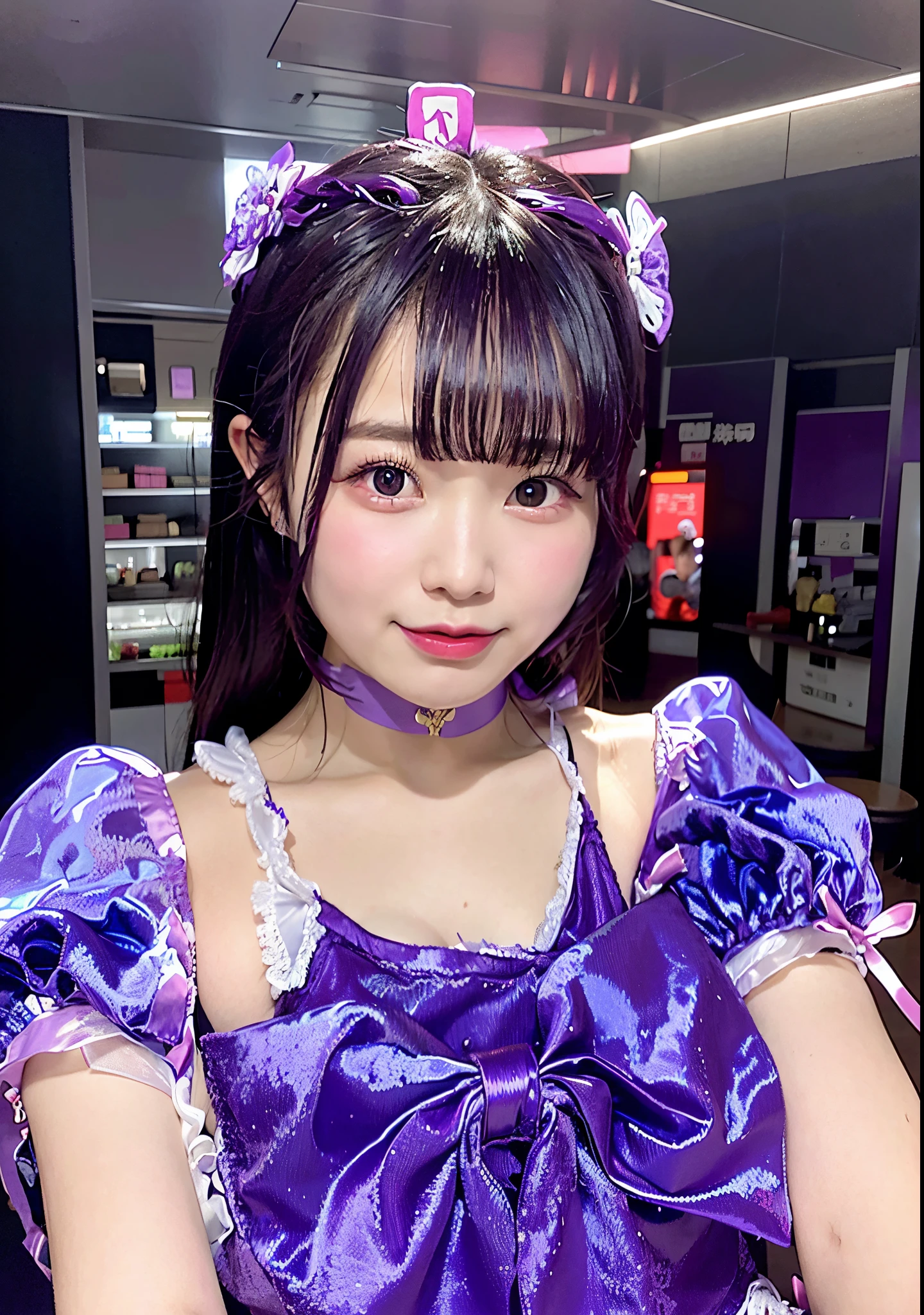Asian girl in arafe with purple dress and purple ribbon, chiho, Belle Delphine, shikamimi, sakimichan, 奈良美智, cute kawaii girl, loli in dress, hime-cut, juri misaki, rei hino as a princess, cutecore, Young Gravure Idol