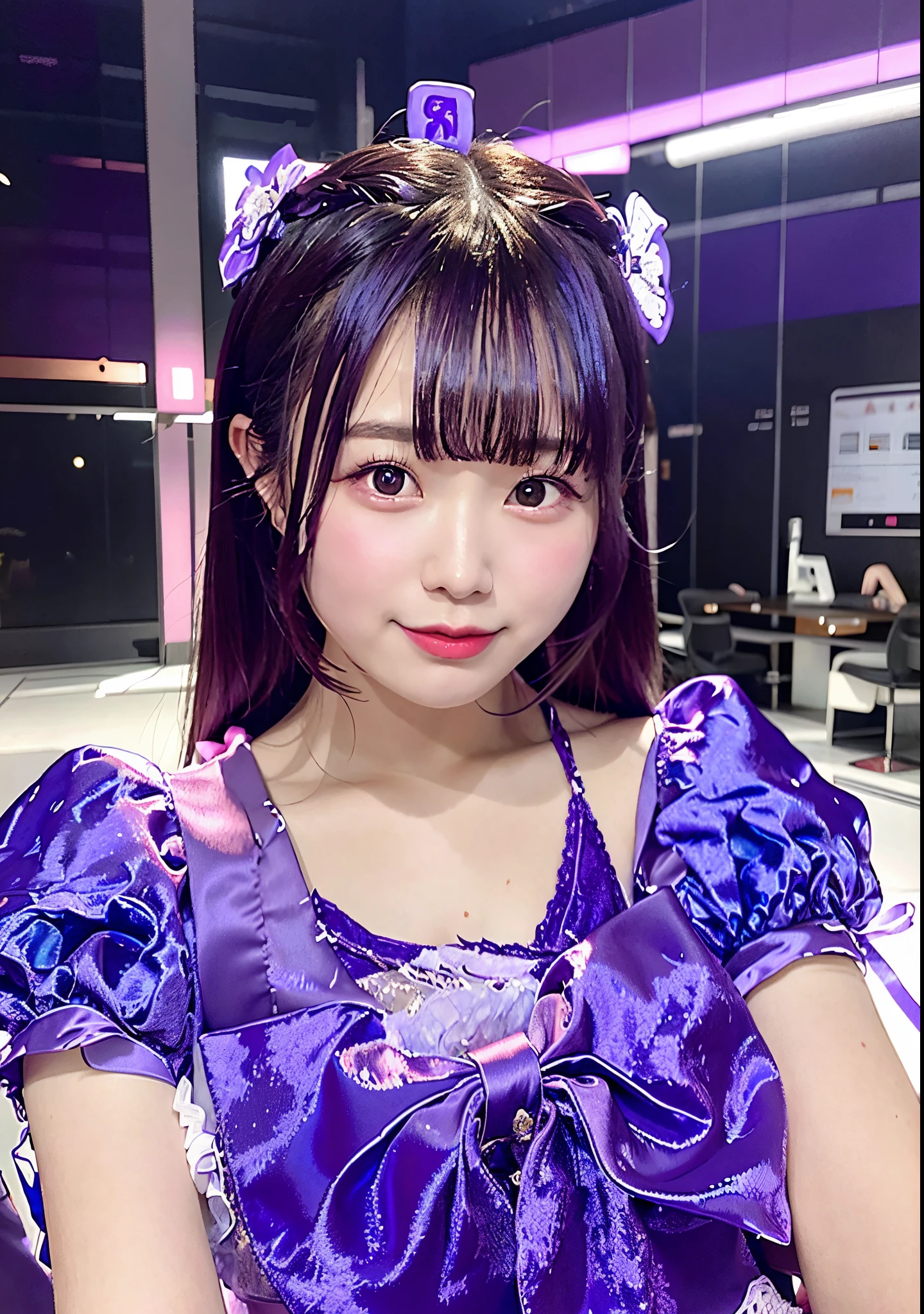 Asian girl in arafe with purple dress and purple ribbon, chiho, Belle Delphine, shikamimi, sakimichan, 奈良美智, cute kawaii girl, loli in dress, hime-cut, juri misaki, rei hino as a princess, cutecore, Young Gravure Idol