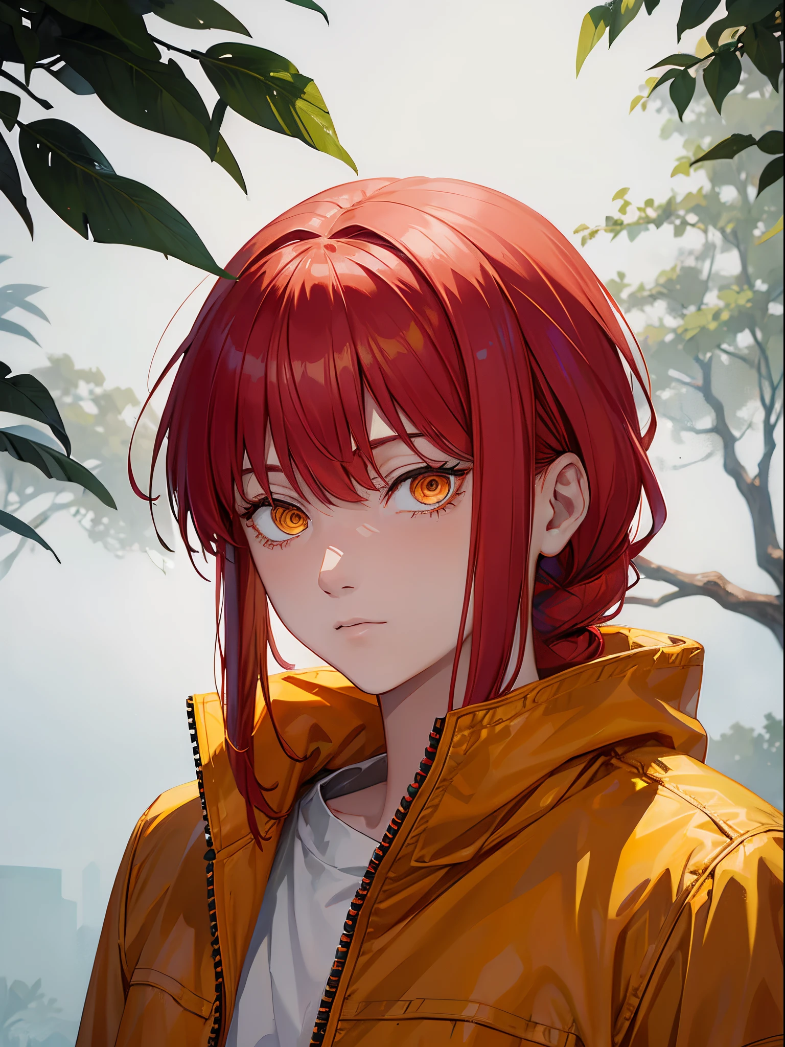 Makima chainsaw man, red hair, red eye, face potrait, half body, wearing a yellow jacket, blushing, half body potrait, close up face, face detail, plain background, upper body