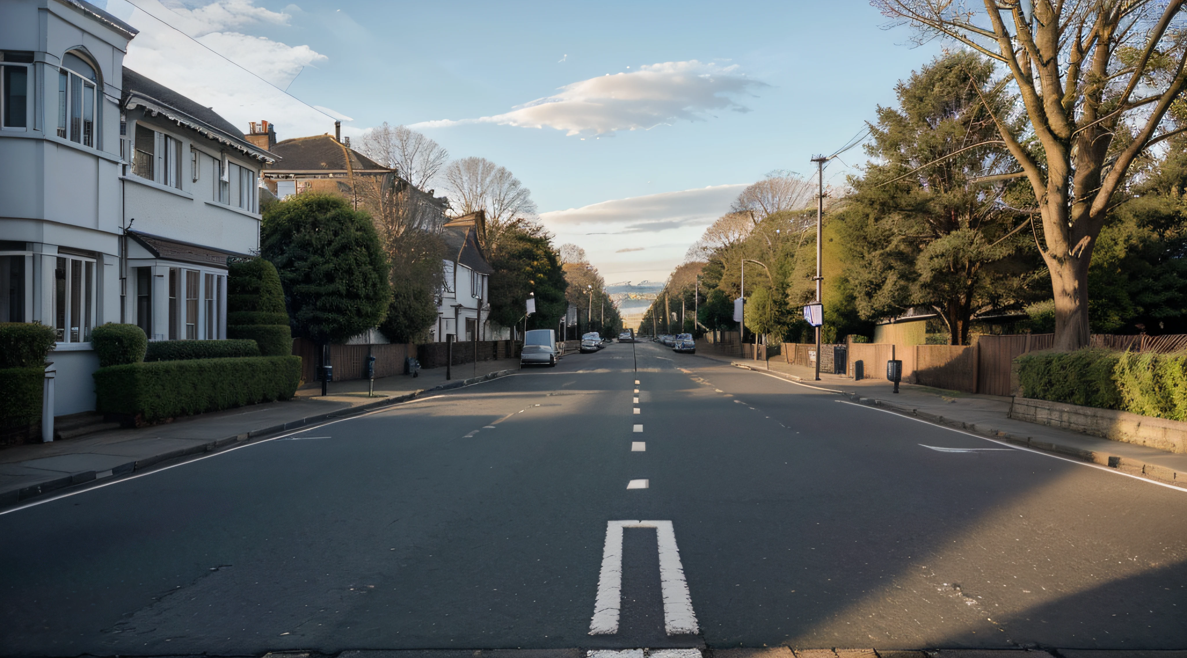 Abbey Road, a quiet residential street in England with sparse winter dead roadside trees on both sides of a one-lane, two-sided street. A red double-decker bus can be seen in the distance. It is a clear day, and the surrounding buildings are distinctive Victorian-style architecture with red brick facades and white trim windows. In the foreground is a crosswalk with white stripes drawn on the asphalt. To the left is a sign reading "ABBEY HOUSE," and small, leafless trees suggest early spring or late fall. The street is empty of people and has a peaceful atmosphere.