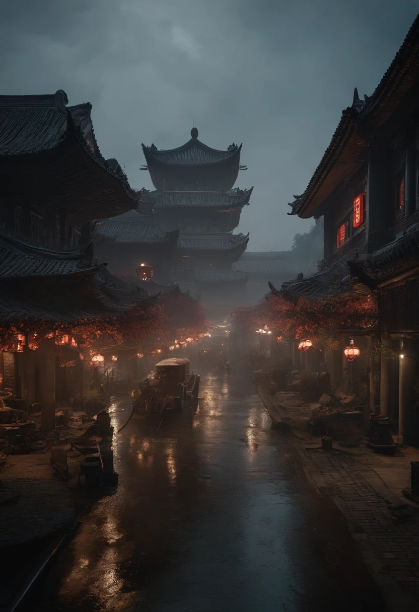 Urban scenes of Chengdu being bombed in 1940，Unreal Engine5,Ray traching， motionblur, 电影灯光, hyper HD, Best quality, high detal