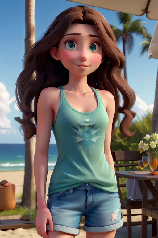 masterpiece, best quality, a long haired brunette woman with blue eyes and white skin named Kyla, wearing a green tank top, wearing Jean shorts, at the beach