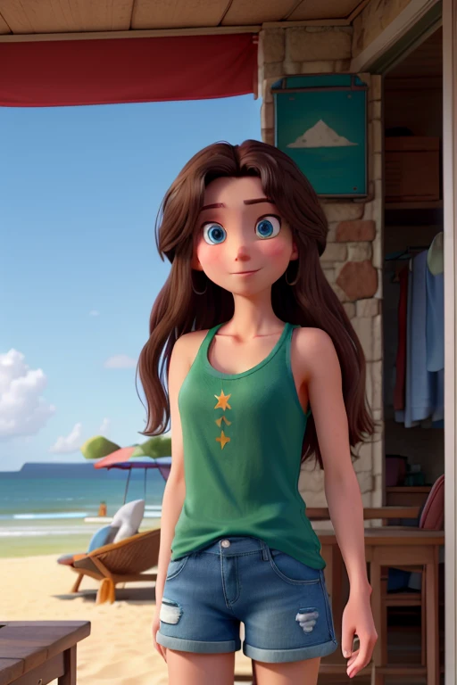 masterpiece, best quality, a long haired brunette woman with blue eyes and white skin named Kyla, wearing a green tank top, wearing Jean shorts, at the beach