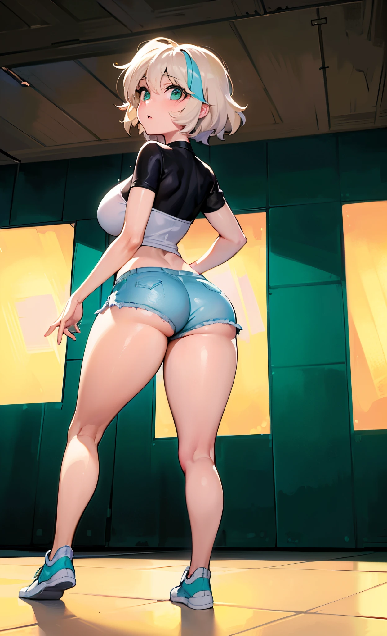 (best quality: 1.4), (Ultra detailed), (Light detailed), (Extremely detailed cute face), Amazing face and eyes, ((close-up of Jackie Lynn Thomas in a white top and aquamarine shorts, blonde hair, green eyes, short shorts, posing in back)), ((backside, from the behind, backshot)), full length photo, arm posing on hip, big hips, dark skin, wide hips, big breasts, tight clothing, dynamic pose, looking at the camera, great detail, tight clothing, posing in front of the mirror, flirtatious look, natural light, high detail, masterpiece, Beautiful breasts, beautiful, best quality, extremely detailed unified CG 8k wallpaper, high definition RAW color photos, Professional photography, Dynamic lighting, (((Bokeh))), Depth of fields,