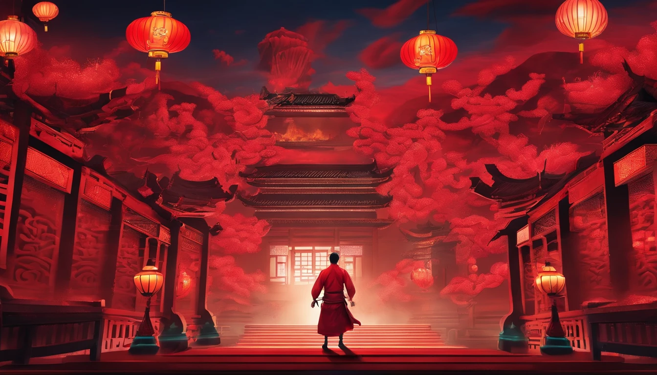 Very beautiful red lantern 3D，Chinese people dance dragon under lanterns，Lots of lanterns，Chinese New Year scene，Large depth of field perspective，No construction，Vivid effects and details，Excellent picture quality，A high resolution