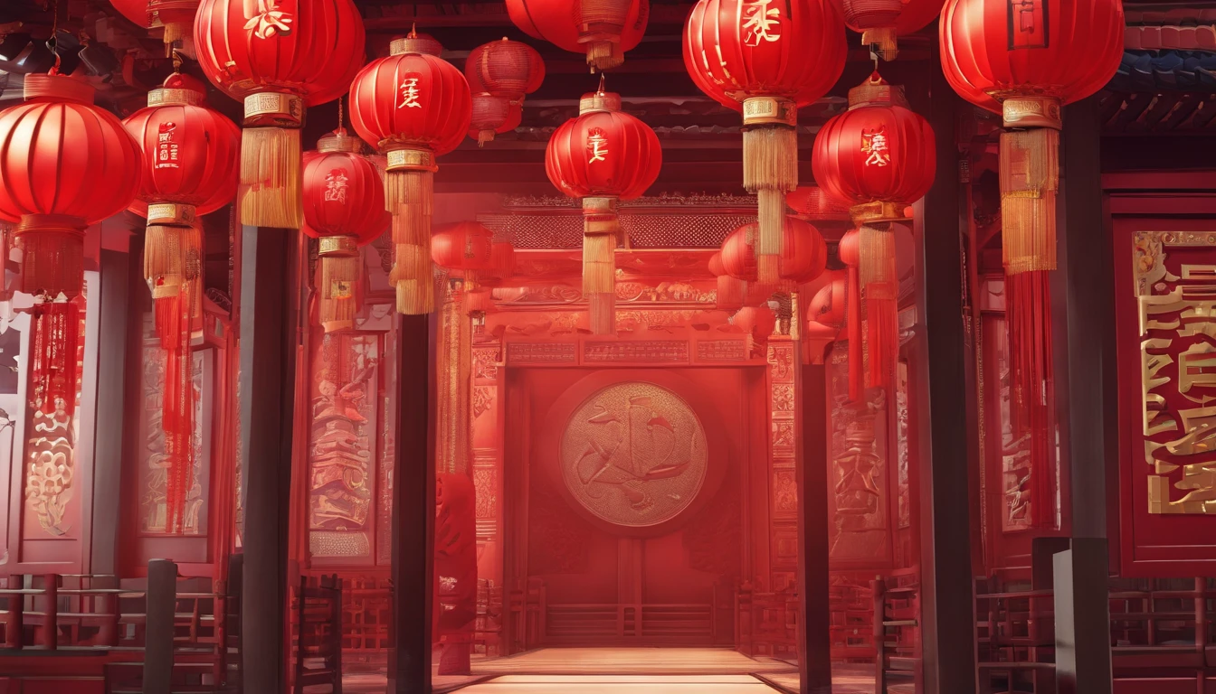 Very beautiful red lantern 3D,Chinese people dance dragon under lanterns,Lots of lanterns,Chinese New Year scene,Large depth of field perspective,No construction,Vivid effects and details,Excellent picture quality,A high resolution