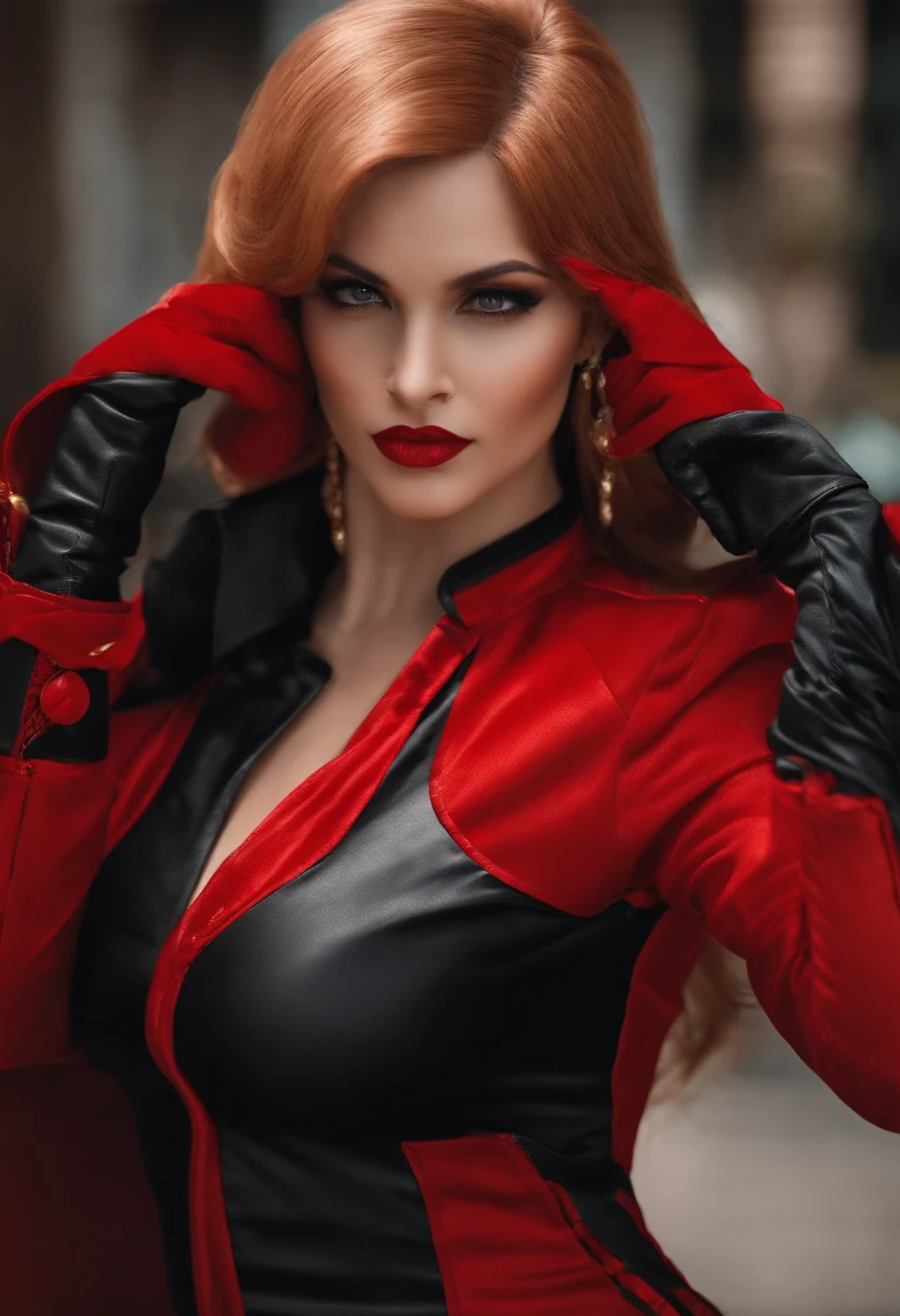 mujer con traje rojo elegante, shermie de the king of fighters, con escote pronunciado, derecha en su boca de manera sensual y su mano izquierda con rayos electricos a su alrededor.