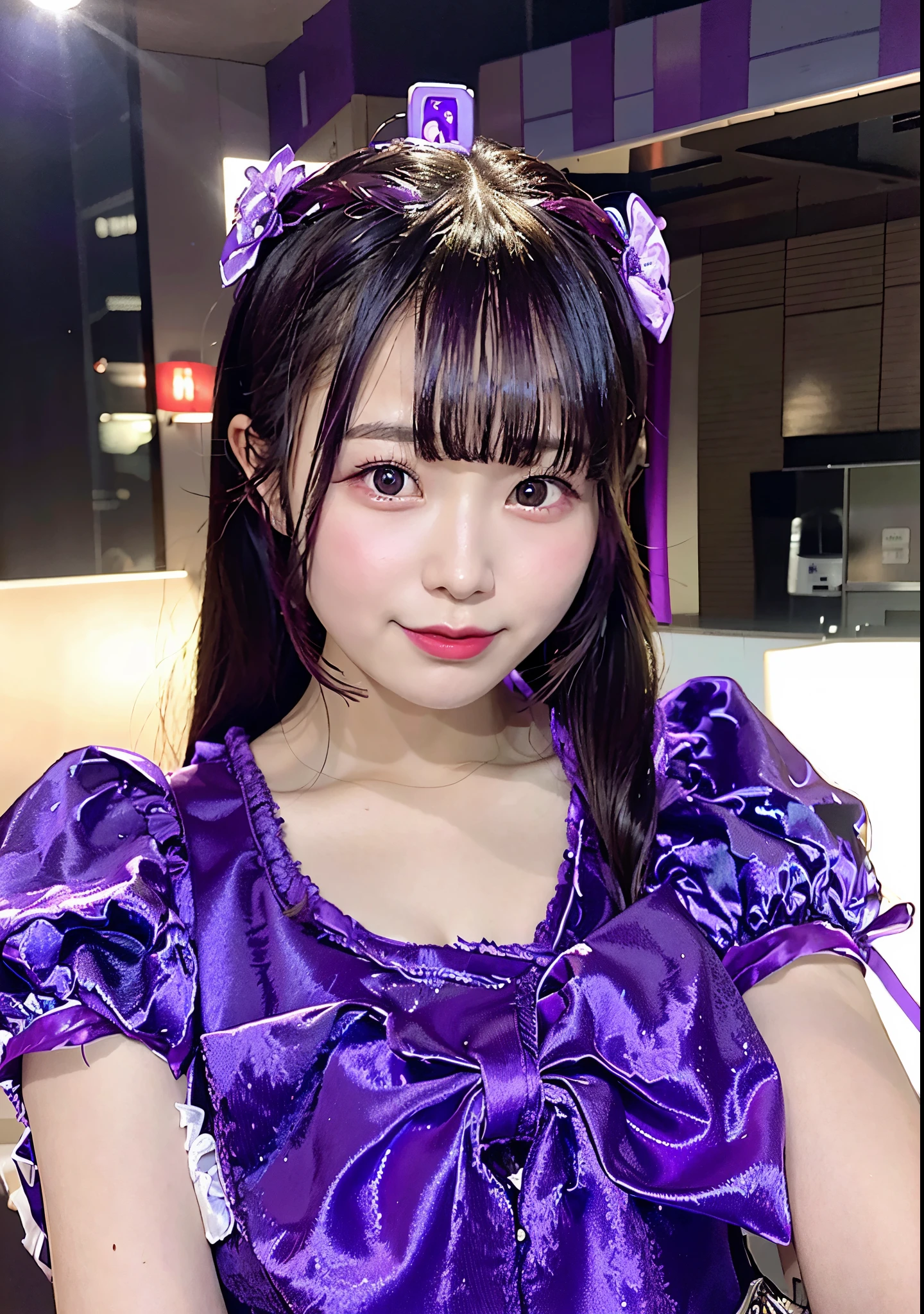 Asian girl in arafe with purple dress and purple ribbon, chiho, Belle Delphine, shikamimi, sakimichan, 奈良美智, cute kawaii girl, in dress, hime-cut, juri misaki, rei hino as a princess, cutecore, Young Gravure Idol