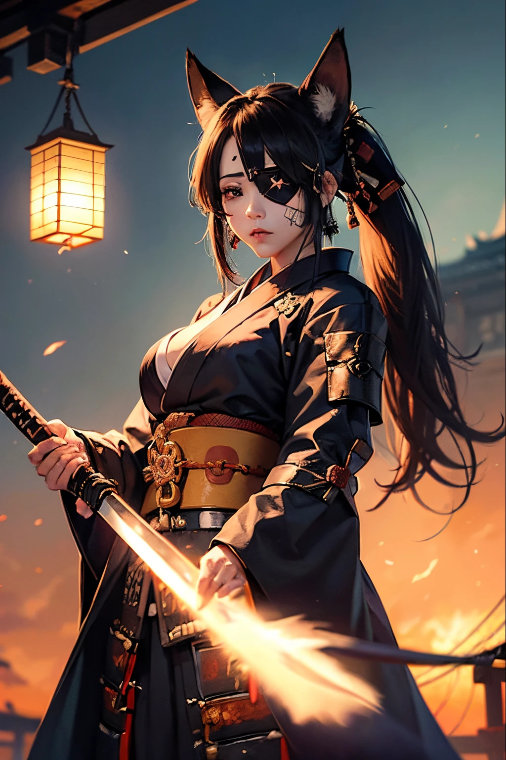(((Samurai with a black eye patch on one eye)))、((Fox ears))、beautiful mature lady、wearing a blue kimono、Outstanding proportions、Holding a long Japan sword、poneyTail、Standing facing the front、traditional Japanese room、Masterpiece、Photo Quality、cowboy shot、