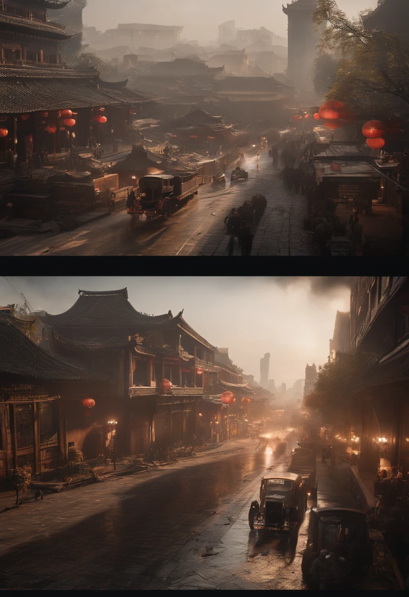 The urban scene of Chengdu being bombed in 1940,Unreal Engine5,ray traycing, motionblur, 电影灯光, hyper HD, Best quality at best, high detal,((panorama)), ((from above))
