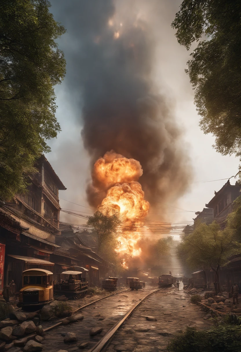 The urban scene of Chengdu being bombed in 1940,Unreal Engine5,ray traycing, motionblur, 电影灯光, hyper HD, Best quality at best, high detal,((panorama)), ((from above))