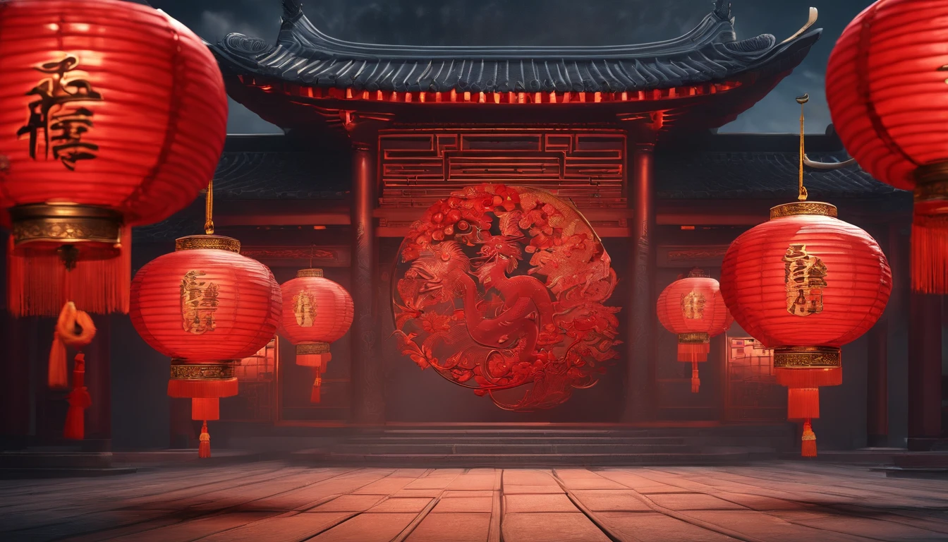 Very beautiful red lantern 3D，Chinese people dance the Oriental dragon under the lanterns，Lots of lanterns，Chinese New Year scene，Large depth of field perspective，No construction，Vivid effects and details，Excellent picture quality，A high resolution