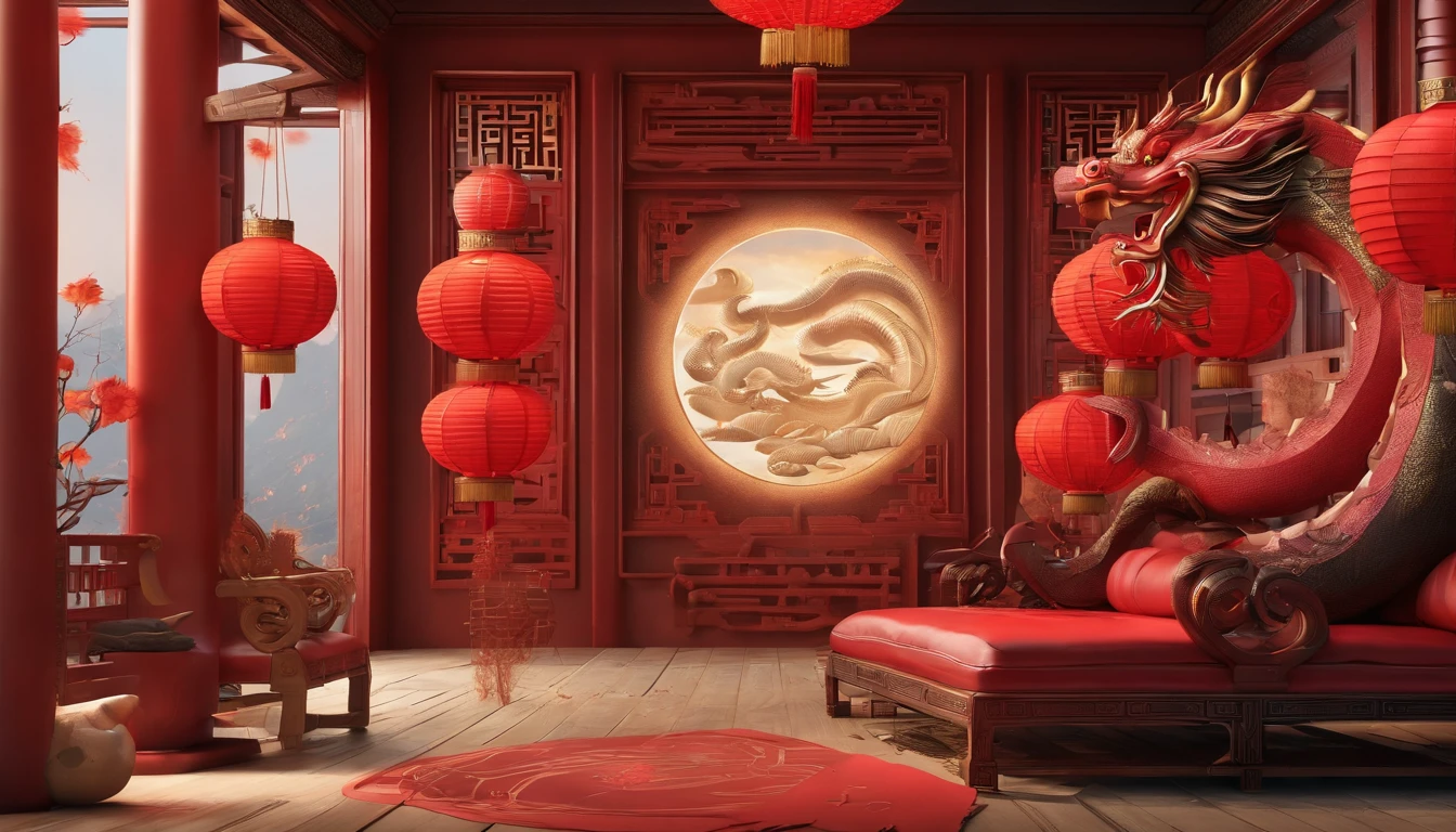 Very beautiful red lantern 3D,Chinese people dance the Oriental dragon under the lanterns,Lots of lanterns,Chinese New Year scene,Large depth of field perspective,No construction,Vivid effects and details,Excellent picture quality,A high resolution