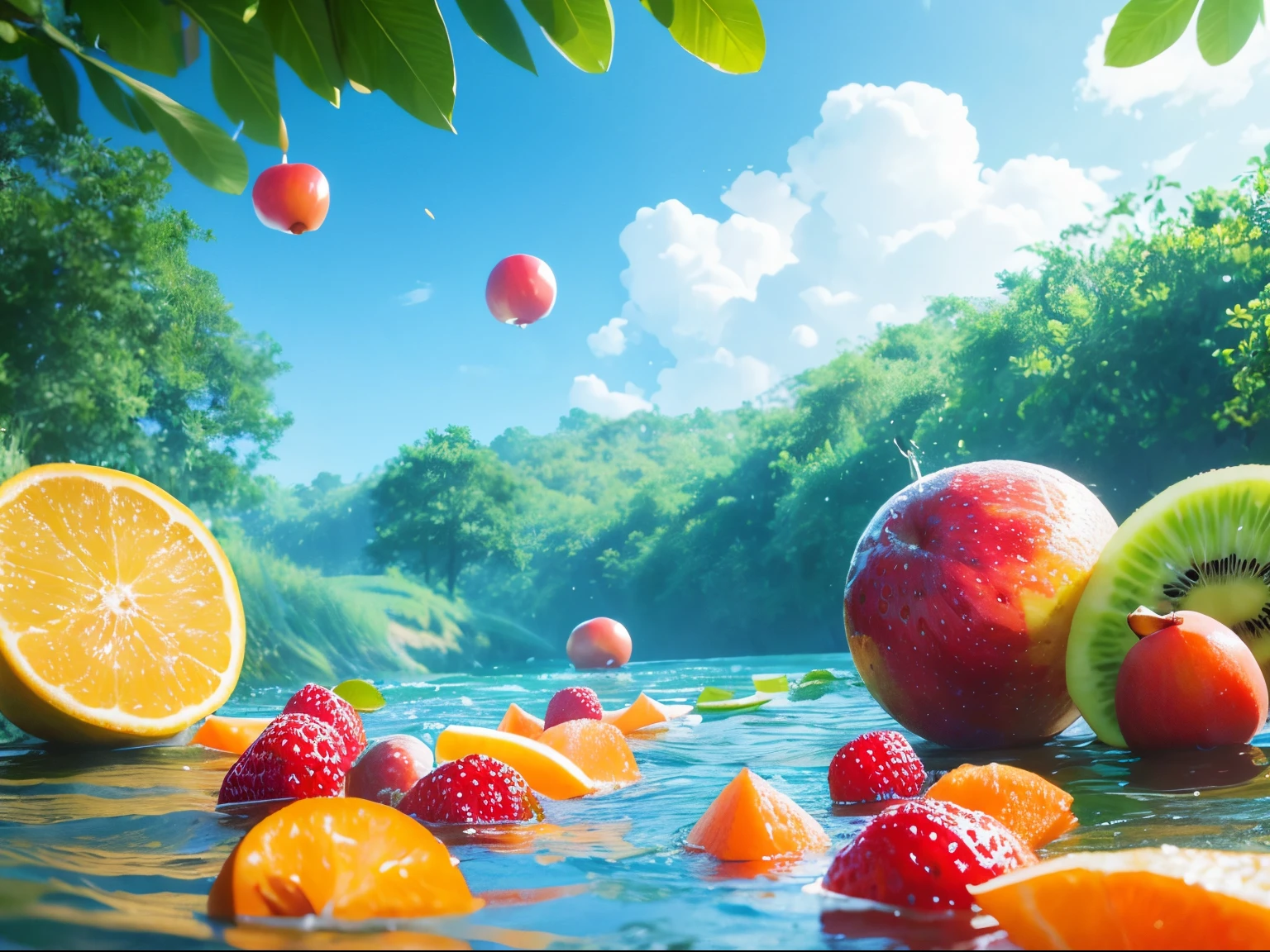 Lots of fruits floating in the stream,The sky is clear and bright,nature harmony,Rich in life
