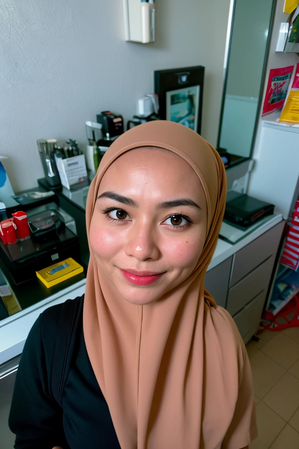 1 malay girl , (modern plain cream hijab) , smile, medium portrait shot ,  (realistic, photo-realistic:1.5), ( from above) , cum on face