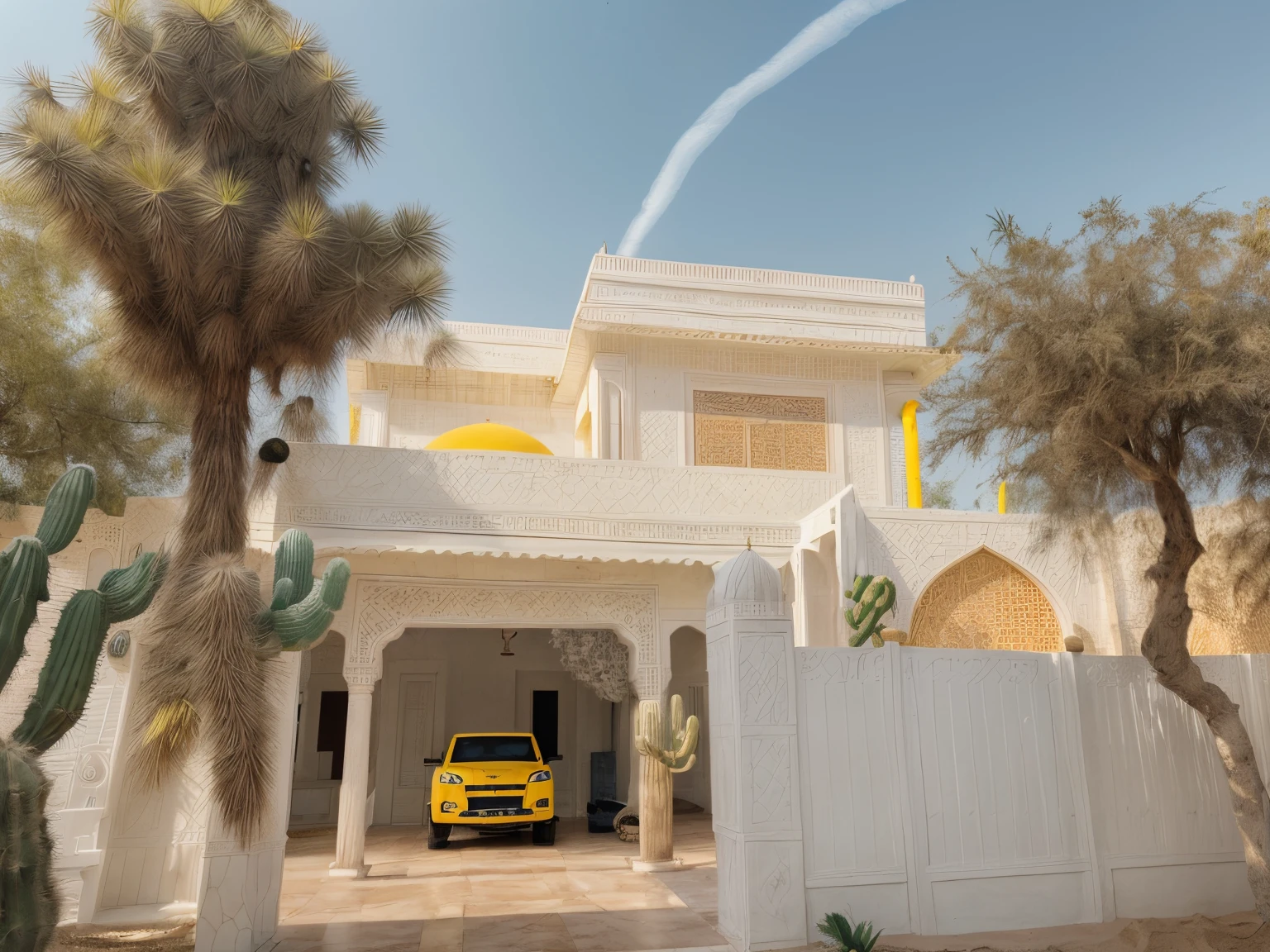 RAW photos, Masterpiece, high quality, best quality, realistic, super detailed,
exterior, Muslim style house, Brahmanical architectural style, Islam, curved dome, white marble material, white painted wall, large wooden door, cactus, desert, many sand, yellow sky, noon light