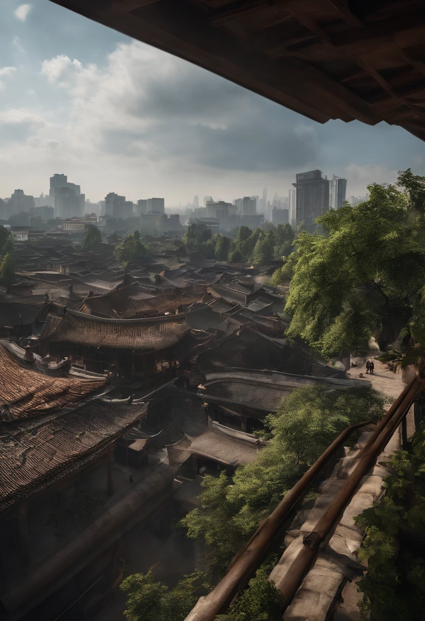 ((in a panoramic view)), ((down view：20)),The urban scene of Chengdu being bombed in 1940，Unreal Engine5,Ray traching， motionblur, 电影灯光, hyper HD, Best quality, high detal