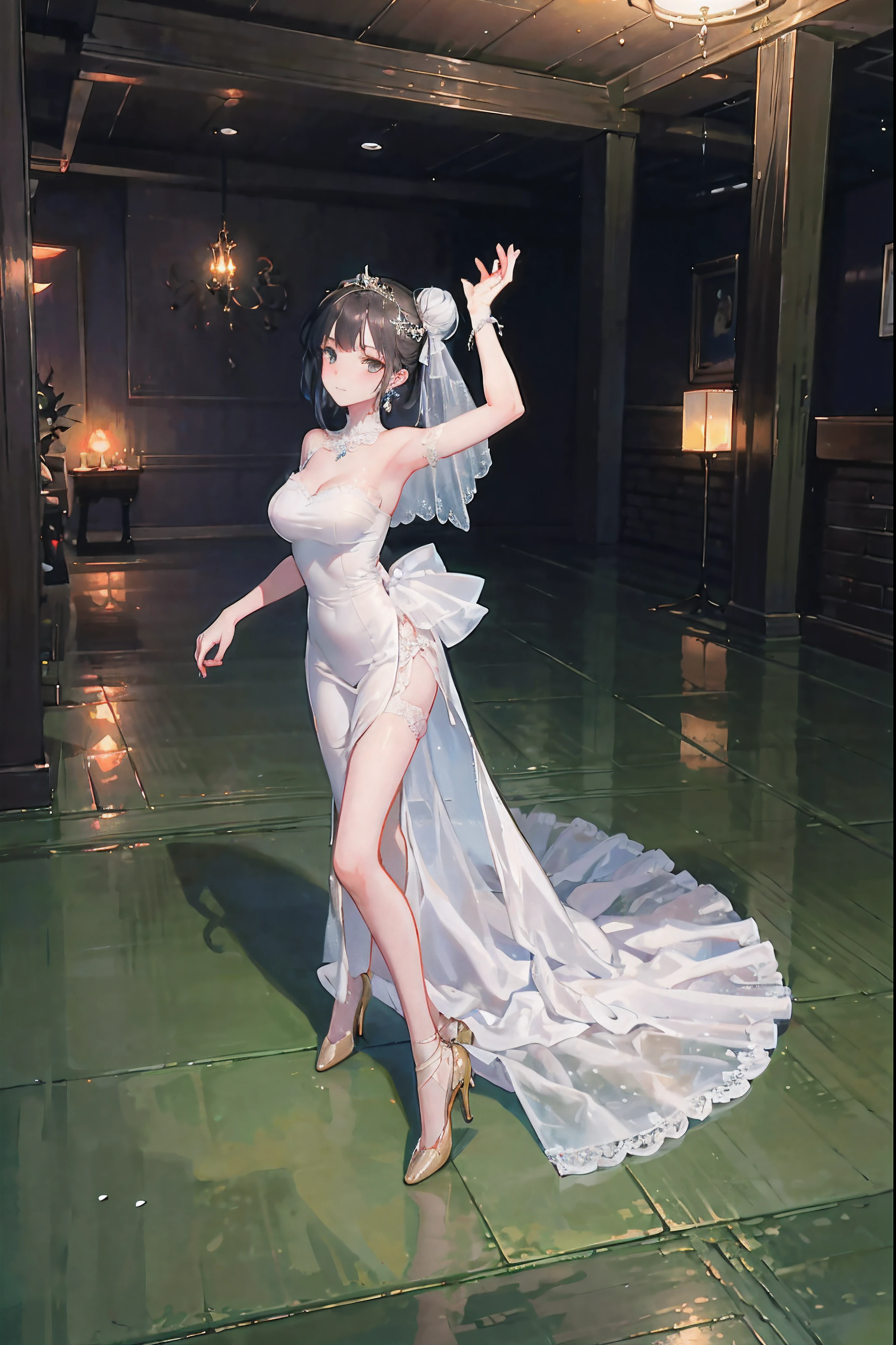 (POV),(bride, white high heels, ballet, solo, high heels, pantyhose, long wedding dress, dancing),(opera house:1.3),(1girl, bride, wedding dress, ballet, high heels, solo, black hair, hair bun, dancing, single hair bun, lace, jewelry, earrings, frills, wrinkles, standing),(bride, ballet, high heels, solo, wedding dress,) (black hair, window, hair bun, single hair bun, dancing, see-through, indoors, tree, white dress,)(full body:1.3, solo focus,),(The girl was controlled by a demon's thug, like a puppet, with huge claws protruding from above, surrounded by scattered stage ruins. The girl seemed to be performing without an audience, dancing slowly with the shimmering rhythm.),Unreal Engine, Realistic, Detailed Rendering, Volumetric Lighting, Octane Rendering, Focus, Tyndall Effect, HD, Photography Style, Masterpiece, Perfect Work, Masterpiece, Award-winning work,intricately detailed,(Characters only occupy one tenth of the screen),(scenery, indoors, (reflective floor:1.5), chandelier, window, reflection, , (stained glass:1.3), architecture, (statue:1.2)),best quality, super detailed, masterpiece, illustration, (clear background), (detailed light), lighting, (wide-angle viewing angle: 2, ),(lam_style, colorful_hair),((masterpiece)), (realistic), (3d face:1.2), (solo:1.2), (original), (very detailed wallpaper), photographic reality, very detailed illustrations, (super intricate details), perfect detail Features, Perfect Detail, (Super Intricate Detail), Panorama,, (Cybernetically Enhanced), (Glowing Eyes), (Snow: 1.2), (Otherworldly: 1.5), (Candlelight: 1.2),, (Wood structure:1.2), (smooth:1.2), (night:1.2), (mystery:1.2), (hover:1.2), (float:1.2), (hover:1.2), (torii:1.2), ( Surreal: 1.2), (Fantasy: 1.2), (Radiation: 1.2), (Sparkle: 1.2), (Blink: 1.2), (Glow: 1.2), (Glow Pattern: 1.2), pureerosface_v1