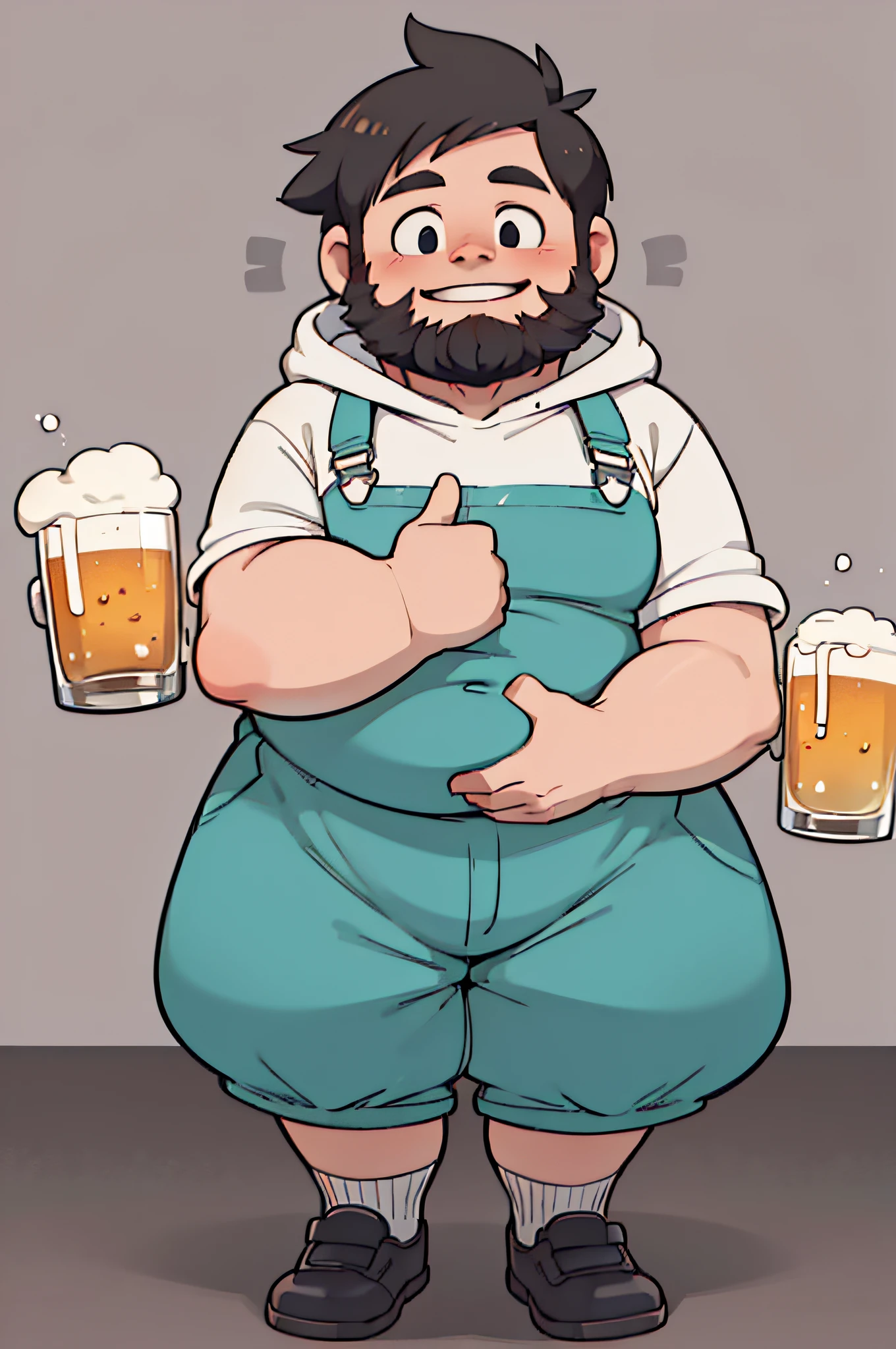 very fat man，Has a fat and cute face，big beard，Wear a hooded sweatshirt，Clothes hooded sweatshirt，The lower body is shorts，Hold your belly，round arms，No hair，Happy with a glass of beer in the sun，Wearing overalls，Q version，Moe new，kawaii，Stupid，simple，full body shape，European people，chunky，Small head。