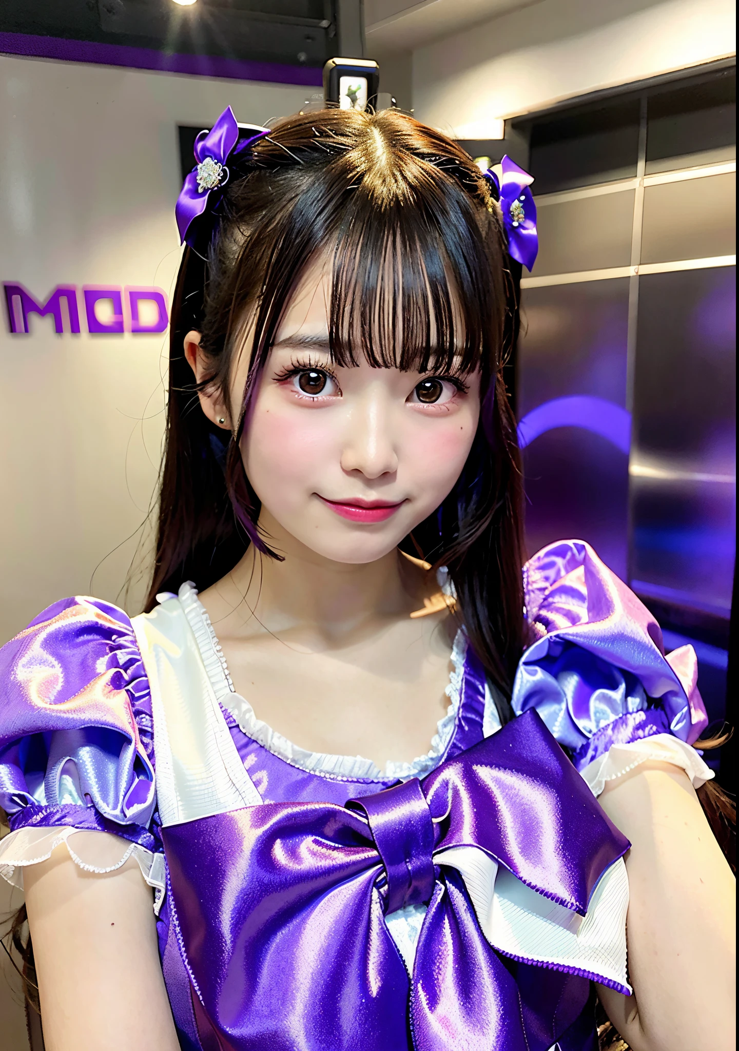 Asian girl in arafe with purple dress and purple ribbon, chiho, Belle Delphine, shikamimi, sakimichan, 奈良美智, cute kawaii girl, in dress, hime-cut, juri misaki, rei hino as a princess, cutecore, Young Gravure Idol
