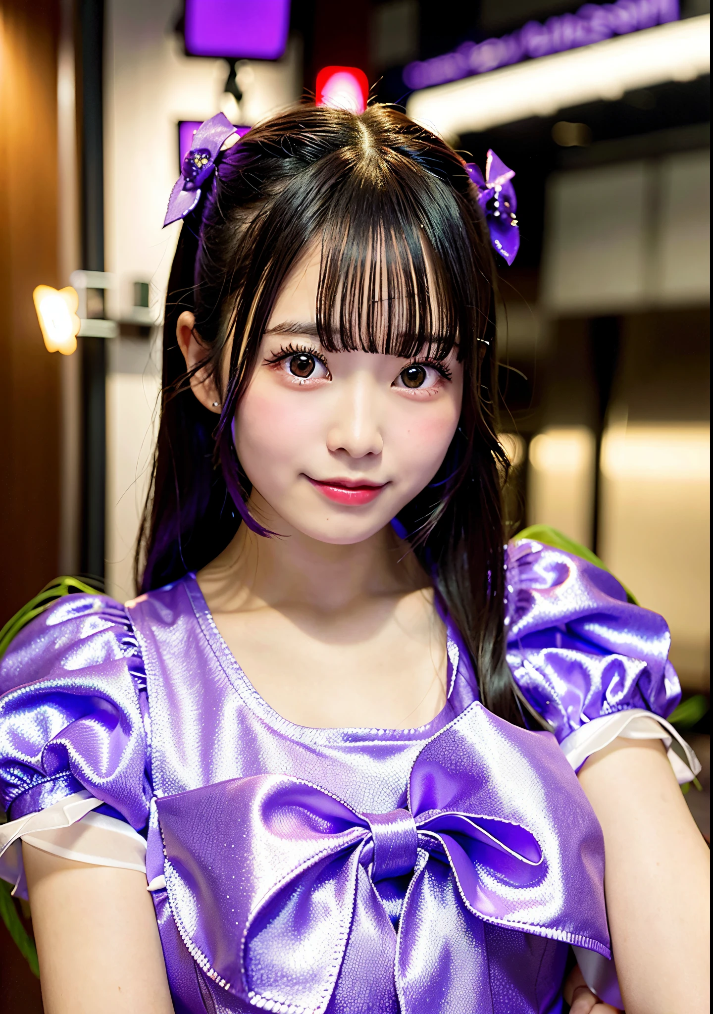 Asian girl in arafe with purple dress and purple ribbon, chiho, Belle Delphine, shikamimi, sakimichan, 奈良美智, cute kawaii girl, in dress, hime-cut, juri misaki, rei hino as a princess, cutecore, Young Gravure Idol