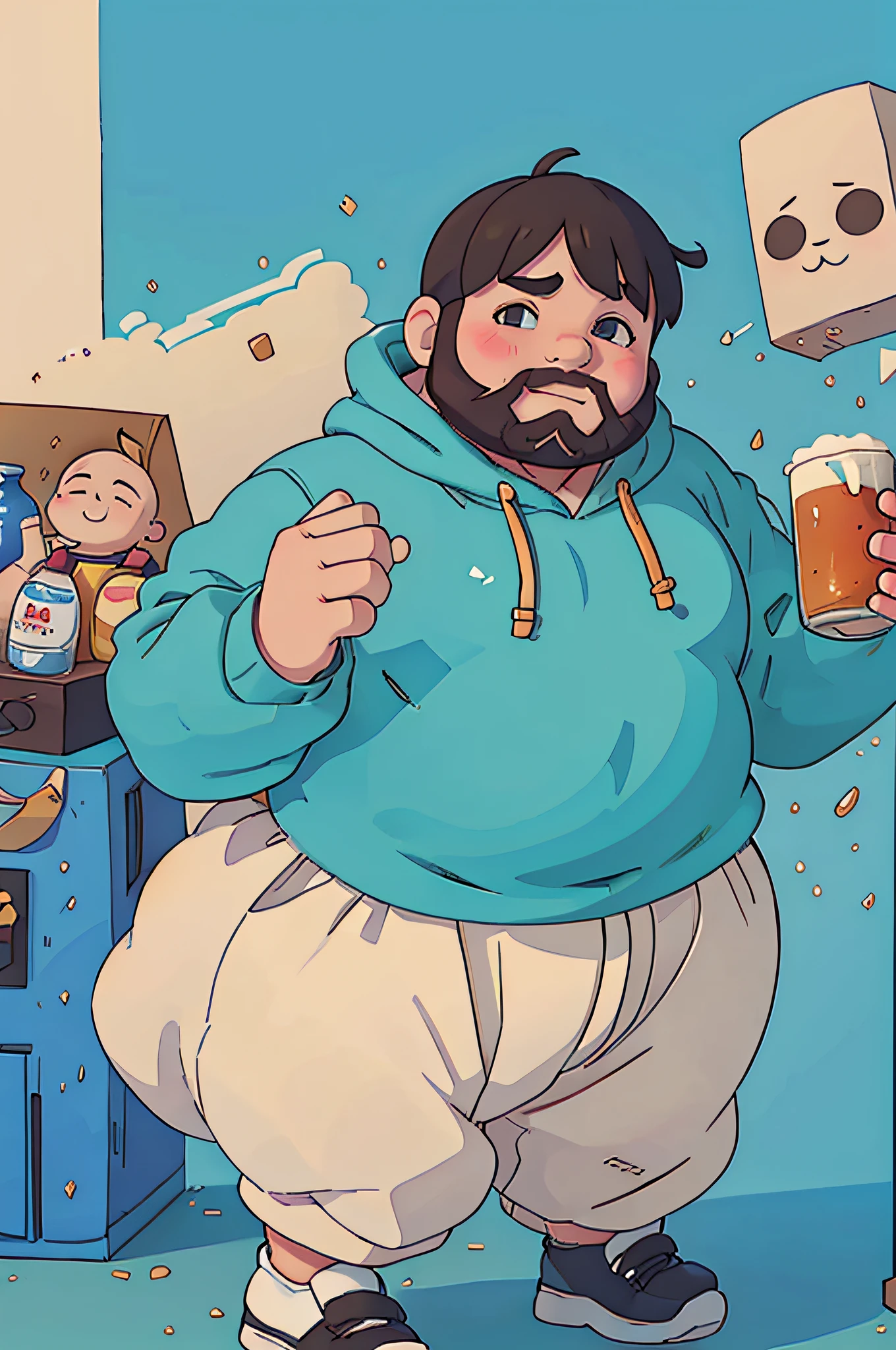 very fat man,Has a fat and cute face,big beard,Wear a hooded sweatshirt,Clothes hooded sweatshirt,The lower body is shorts,Hold your belly,round arms,No hair,Happy with a glass of beer in the sun,Wearing overalls,Q version,Moe new,kawaii,Stupid,simple,full body shape,European people,chunky,Small head。