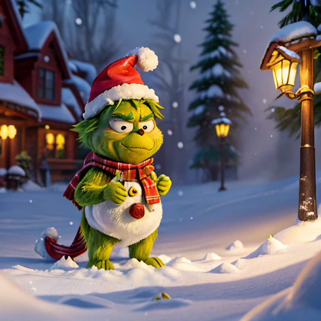 (the grinch in the snow, Build a snowman, street lamp snowing forest wonderland), (4k, 8k, extreme detail, ultra quality, HD, high definition, HDR, high dynamic range, octane render, Masterpiece, best quality, colorful, 8k wallpaper, Volumetric Lighting, best shadows)