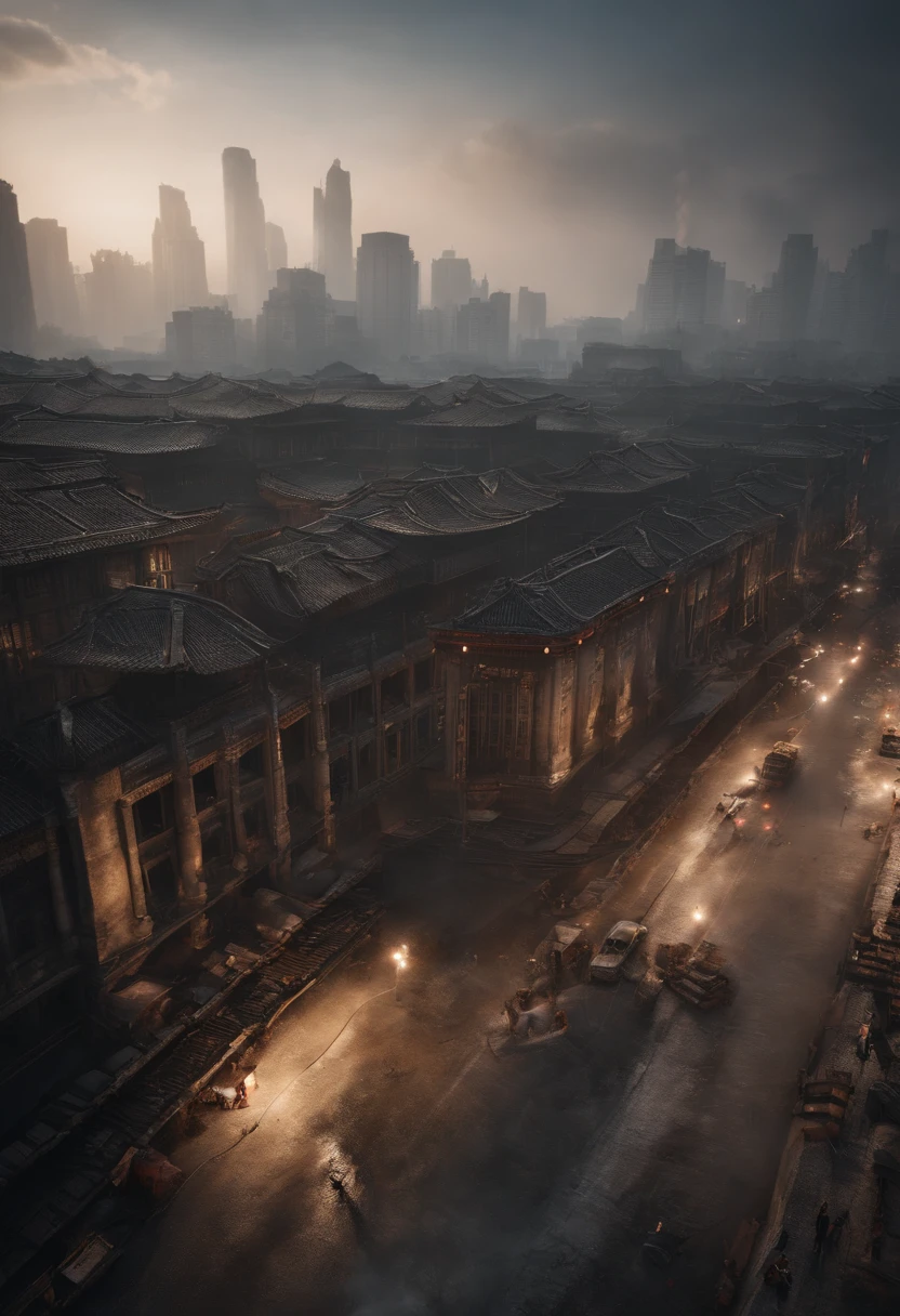 The urban scene of Chengdu being bombed in 1940，Unreal Engine5,ray traycing， motionblur, 电影灯光, hyper HD, Best quality at best, high detal，（bird's eyes view）