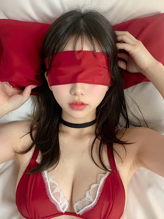 (wearing a thin red blindfold:1.3), open open mouth, Black lingerie, a bed, (laying on back:1.2), embarrassed from, (Are sleeping:1.2), 奈良美智, Good young girl, Sexy Girl, Lovely woman, Beautiful Asian Girl, Open your crotch, (Open your legs:1.1), Wear a choker around your neck, Upper Body Up,(Fold your hands behind your head:1.2)