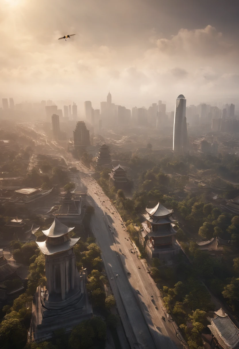 The urban scene of Chengdu being bombed in 1940,10,000 meters in the air,Above the clouds,3 p.m,Unreal Engine5,Ray traching, motionblur, 电影灯光, hyper HD, Best quality, high detal,(bird's eyes view)