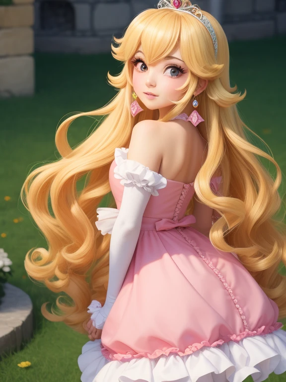1girl, princess peach, solamente, Cabello largo, vestido rosa, Mirando al espectador, Antecedentes del Castillo de Mario, cabello amarillo, Fondo simple, ojos azules, labios, boca cerrada, cinta, cinta para el cabello, pecho grande