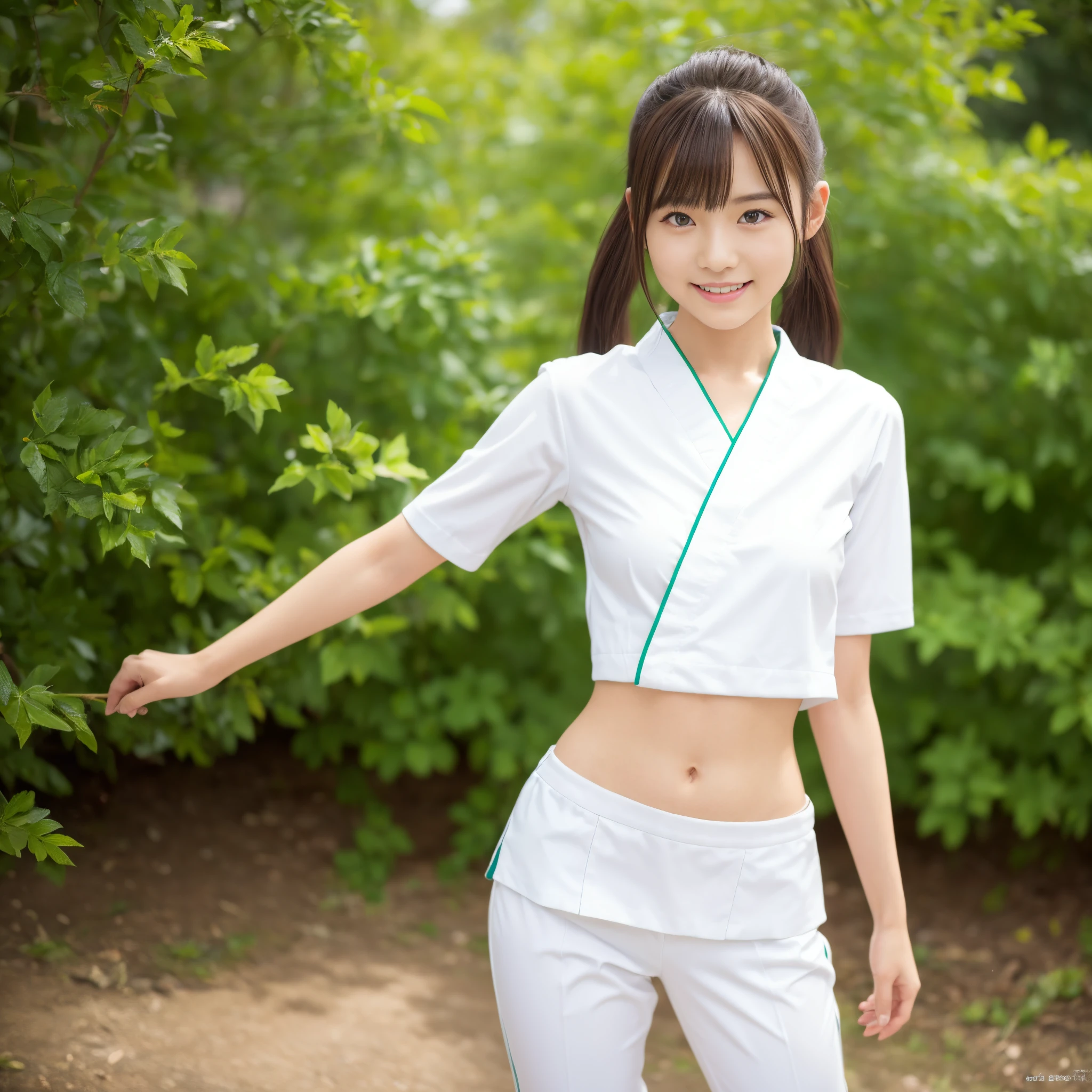 (Photorealsitic)(), Pretty Woman, (Full body 8K portrait), 1 girl in, White Karate Uniform, White karate pants, Large bust,Stand alone, Large and dynamic hand and foot movements, Stick out your fist, Make a high side kick, Correct skeleton, Perfect facial detail, (Smile: 1.15), attractive beautiful face, gazing at viewer, a small face, 二重まぶた, Beautiful detailed eyes, long eyeslashes, ligh brown hair, poneyTail, Toned waist, Beautiful thin legs, toned ankles, bare-legged ,TOKYOcty, The background is green, no nsfw