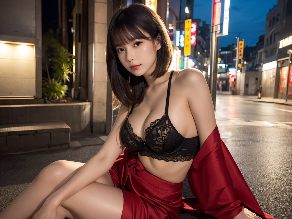 (8K、RAW Photography、top-quality)、(realisitic、Photorealsitic:1.37)、1人、japanes、23years old、femele、during night、(Realistic, Photorealistic: 1.37), (Face Focus: 1.1), Cute face, ,Upper eyes、Fluffy kimono、sexy body,Beautiful hair ornaments for dark brown hair(bow ribbon)、long hair bob cut、详细的脸、Detailed lips、detailedeyes、Casual attire、More skin、large full breasts(teats), garments(shrine maiden,Beautiful satin red kimono), Kindness, ( Split sitting.、Legs outstretched, thighs thighs thighs thighs:1.2), small lace pants(Gold color),Black garter belt、 Movie Lighting、Night city、BREAK (Natural Skin Texture、Detailed skin、Hyper-Realism、ultra sharpness)、超A high resolution、top-quality、shot from a low-angle