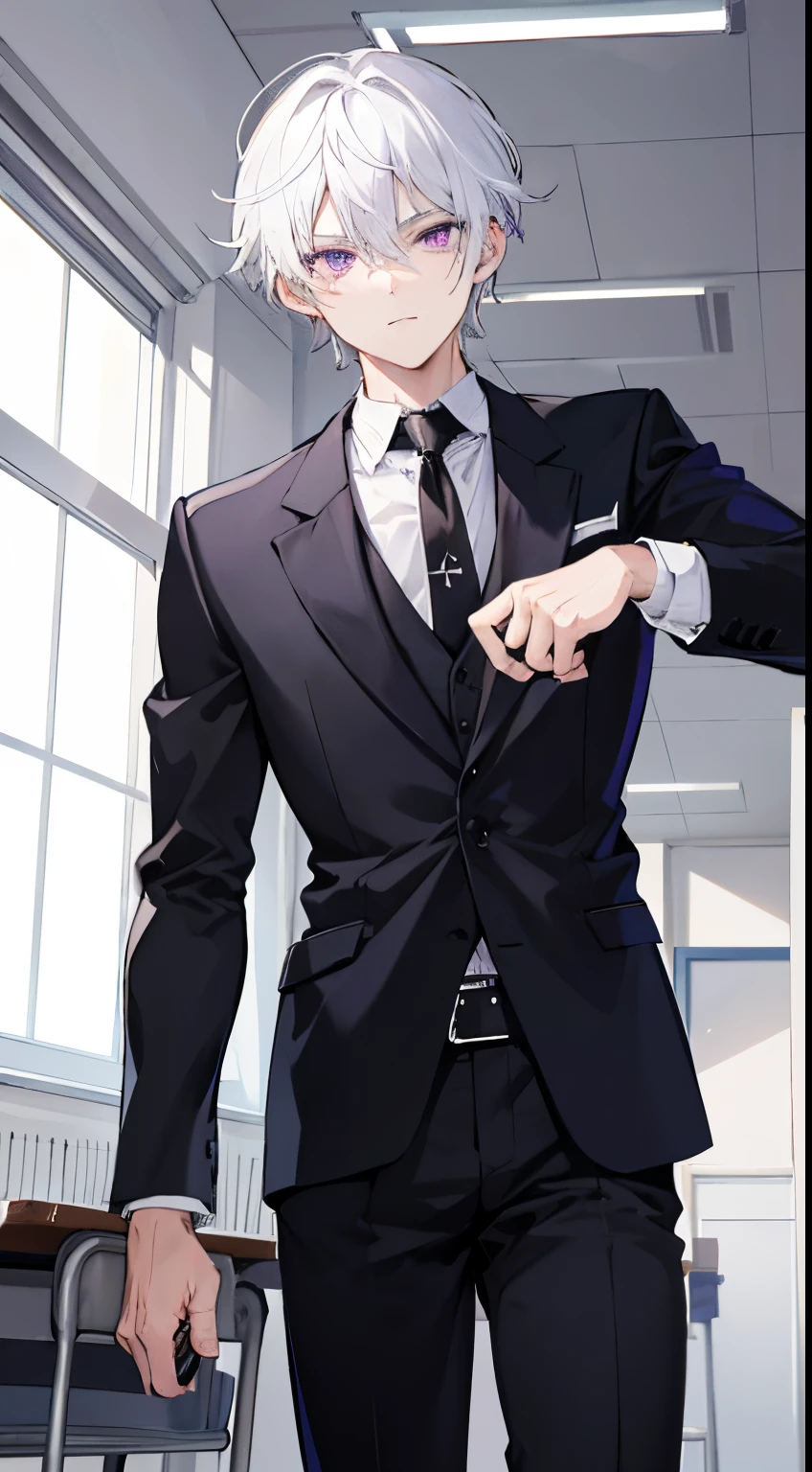 A man, solo, gantleman, wearing a High school uniform and black tie, white hair, purple eyes, badass, muscular, in classroom