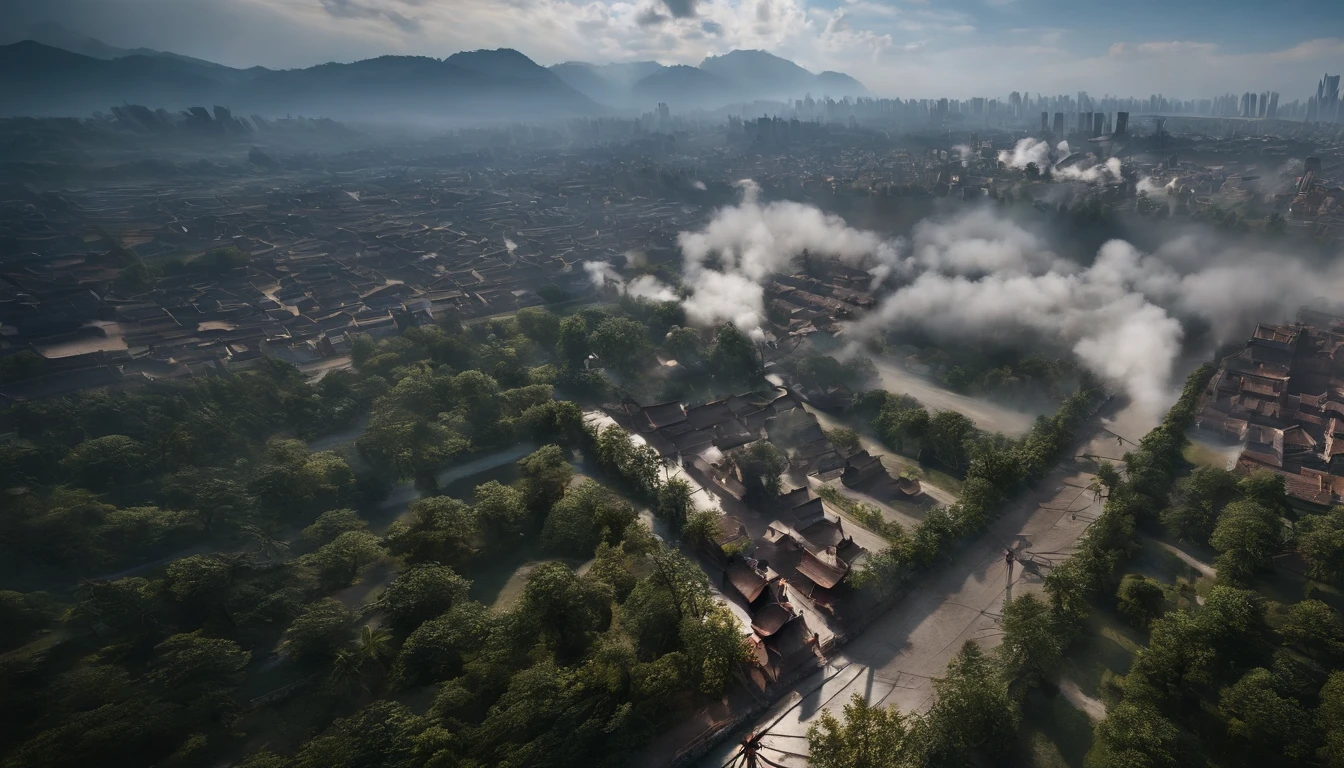 The urban scene of Chengdu being bombed in 1940,10,000 meters in the air,Above the clouds,3p.meter,Unreal Engine5,ray traycing, motionblur, 电影灯光, hyper HD, Best quality at best, high detal,(bird's eyes view)