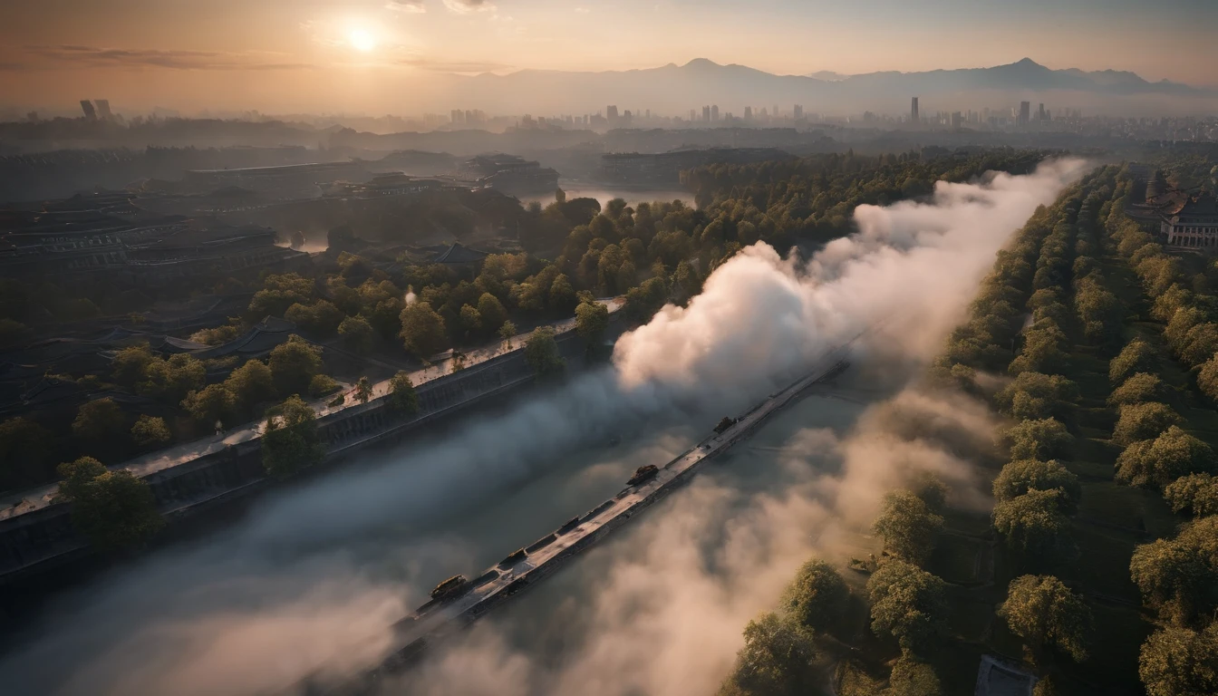 The urban scene of Chengdu being bombed in 1940,10,000 meters in the air,Above the clouds,3p.meter,Unreal Engine5,ray traycing, motionblur, 电影灯光, hyper HD, Best quality at best, high detal,(bird's eyes view)