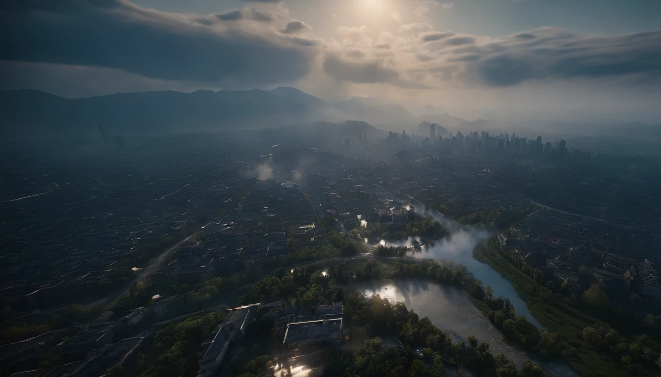 The urban scene of Chengdu being bombed in 1940,10,000 meters in the air,Above the clouds,3p.meter,Unreal Engine5,ray traycing, motionblur, 电影灯光, hyper HD, Best quality at best, high detal,(bird's eyes view)