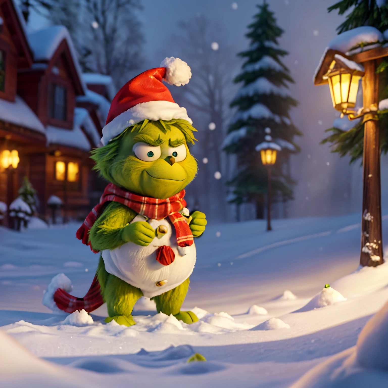 (Grinch in the snow, Make a snowman, Snowy forest wonderland with street lights), (4K, 8K, extreme hight detail, Super quality, k hd, k hd, HighDynamicRange, HighDynamicRange, octaneratingrendering, tmasterpiece, Best quality at best, Colorful, 8k wallpaper, Volumetriclighting, The best shadow)