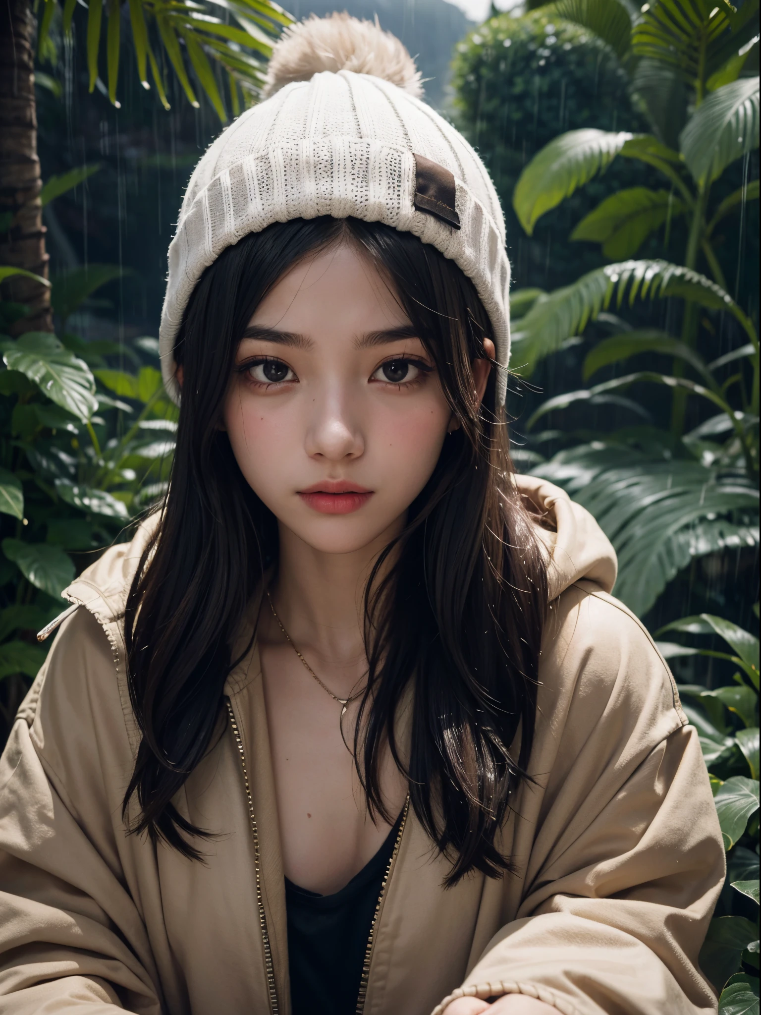 A teen girl smoking cigarette, wearing a beanie and oversize jacket, rainy jungle, fog, mountain, medium bust, upper body potrait, hiking, blushing face