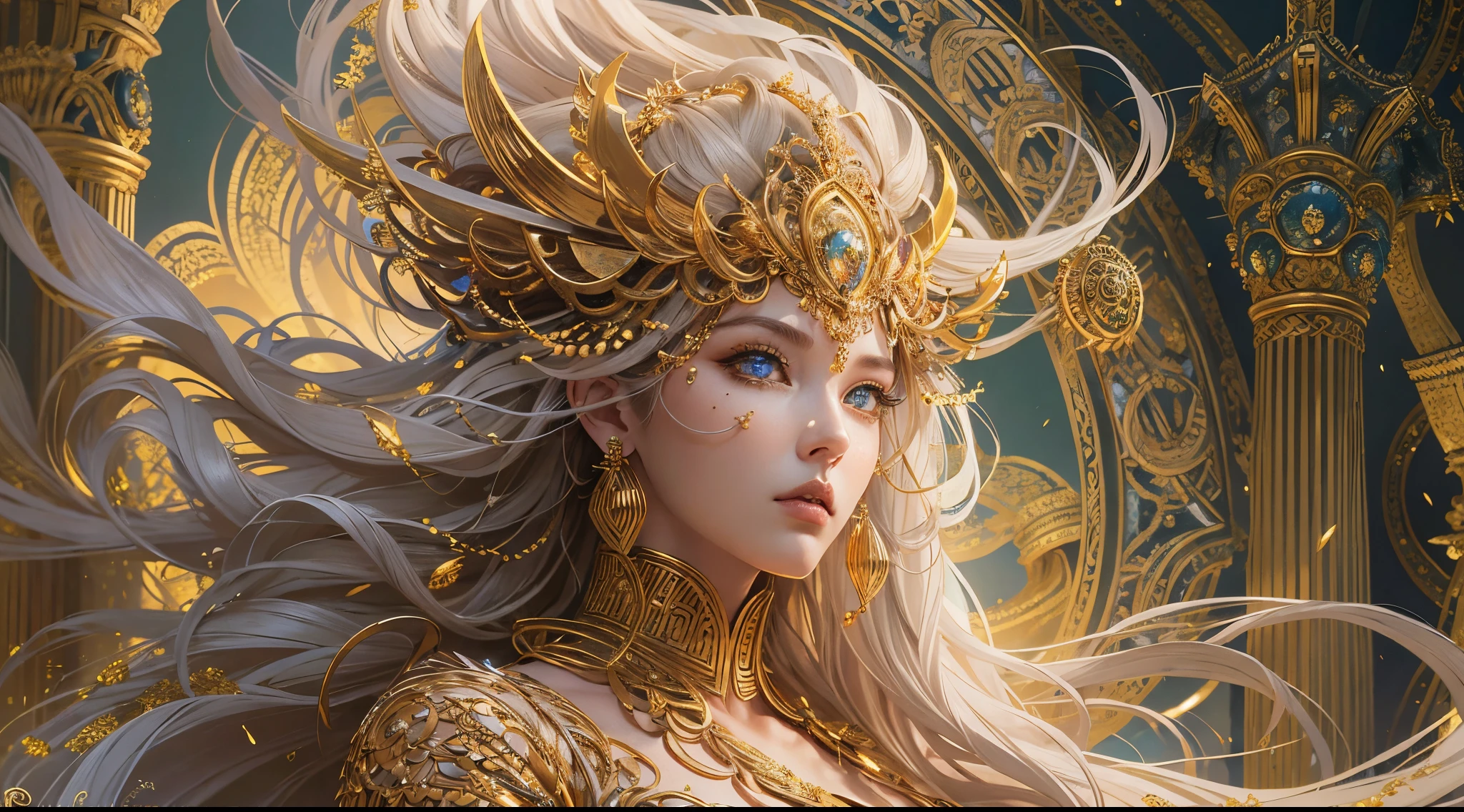 Absurd, ultra-detailed, high quality, masterpiece, detailed face, beautiful eyes(detailed eyes), Greek mythology, Goddess, Hera , the queen of the gods, striking and captivating, features are classically beautiful, with high cheekbones, a perfectly proportioned face, eyes depicted as large and captivating, hold an intense gaze, golden hair , Gole hair is luxuriant and flowing, cascading down her back in waves , wearing elegant robes adorned with intricate patterns , Her beauty is not merely superficial but embodies the essence of power, authority, and regality.