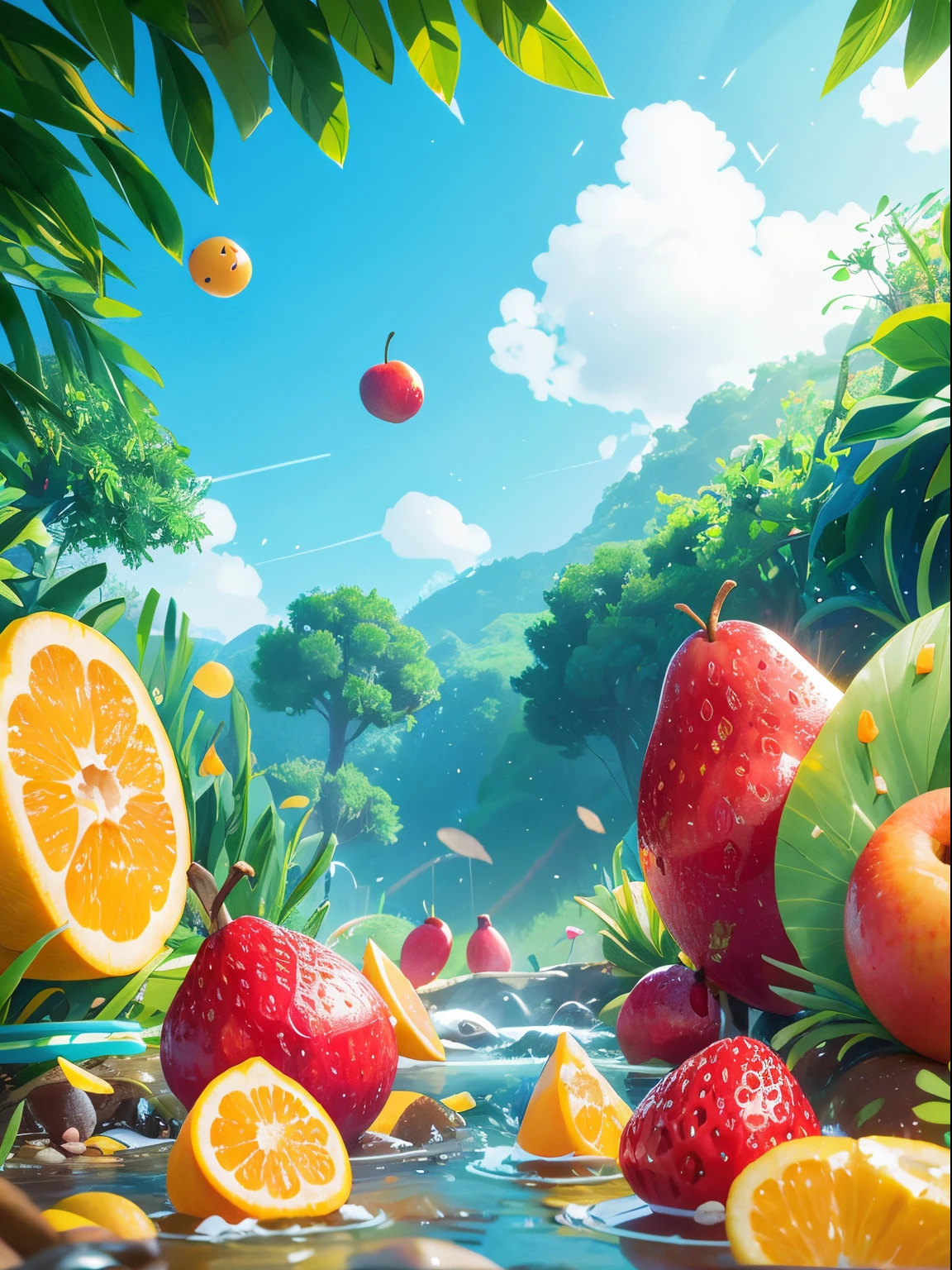 Lots of fruits floating in the stream,Some fruits fell from the sky,The sky is clear and bright,nature harmony,Rich in life