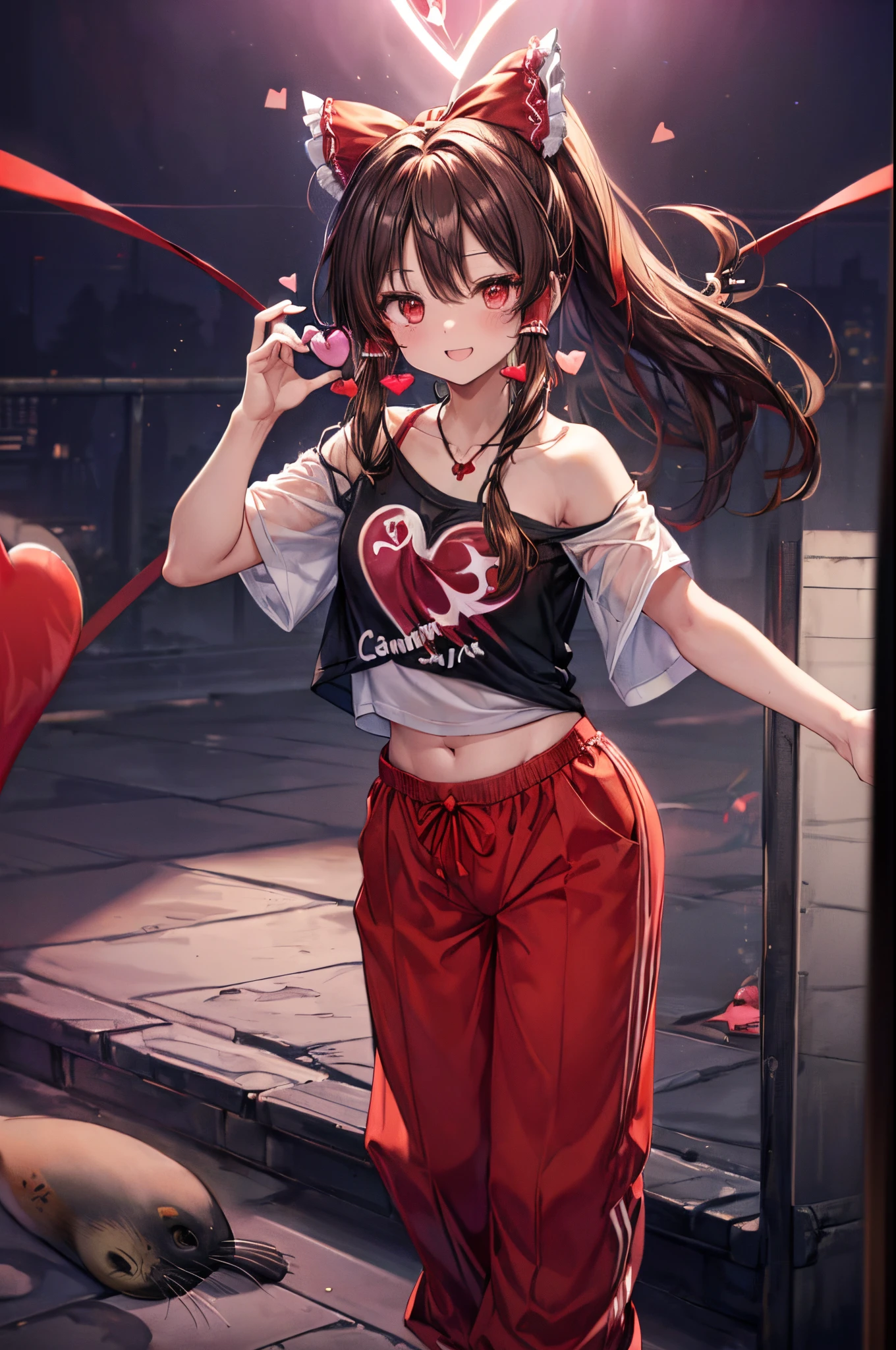 Reimu Hakurei en una rave, mirando al espectador con una sonrisa seductora, danza, confiado, club nocturno, Neon lights, brown hair, brown_ojos:1.6, ((flequillo, red ribbon:1.3)), Traje de e-girl:1.7, (((delineador, Heart-shaped seal, gargantilla, camiseta, pantalones holgados, cadena de correa:1.3))), , ponytail