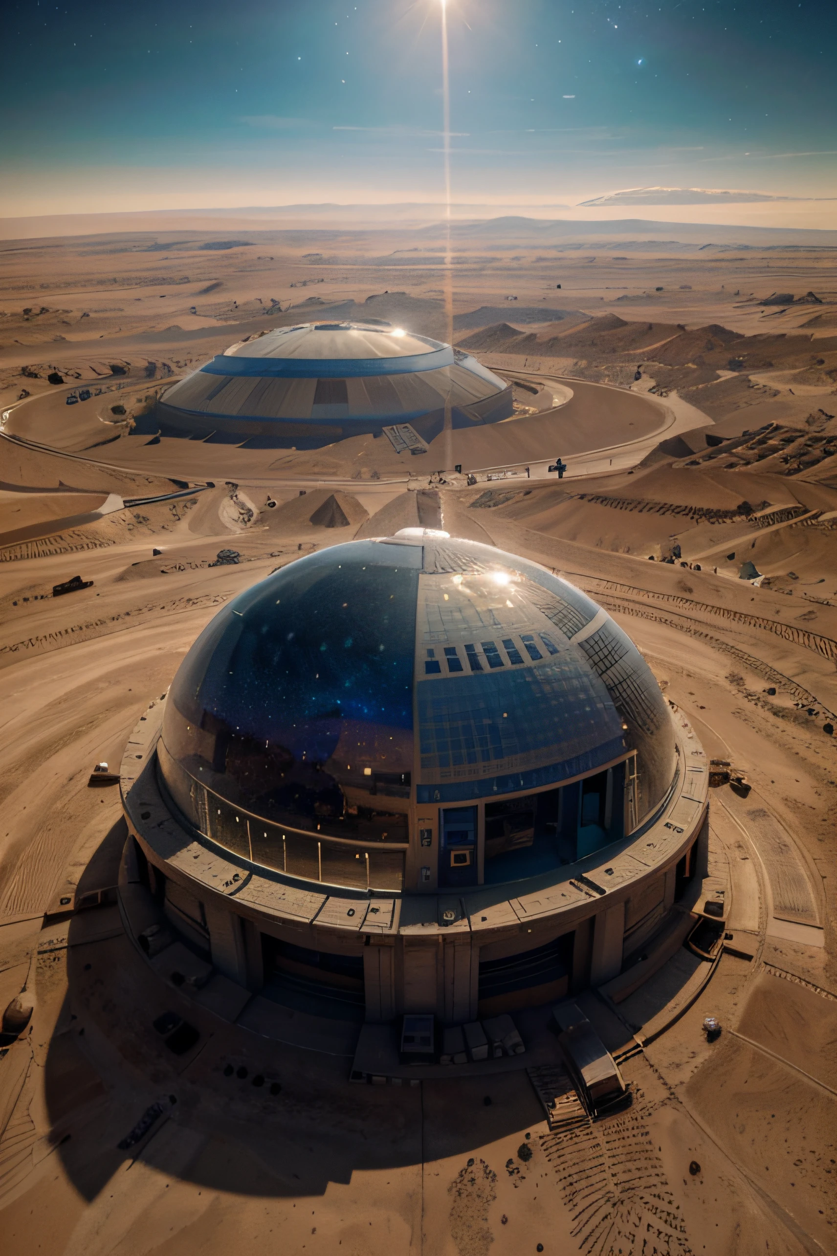 Bird's eye view of Mars,7 high-tech bases are under construction,the completed glass dome base is spread over a vast expanse of land,droid,starrysky,Building site details,super wide shot,High realism,lightand shade contrast,